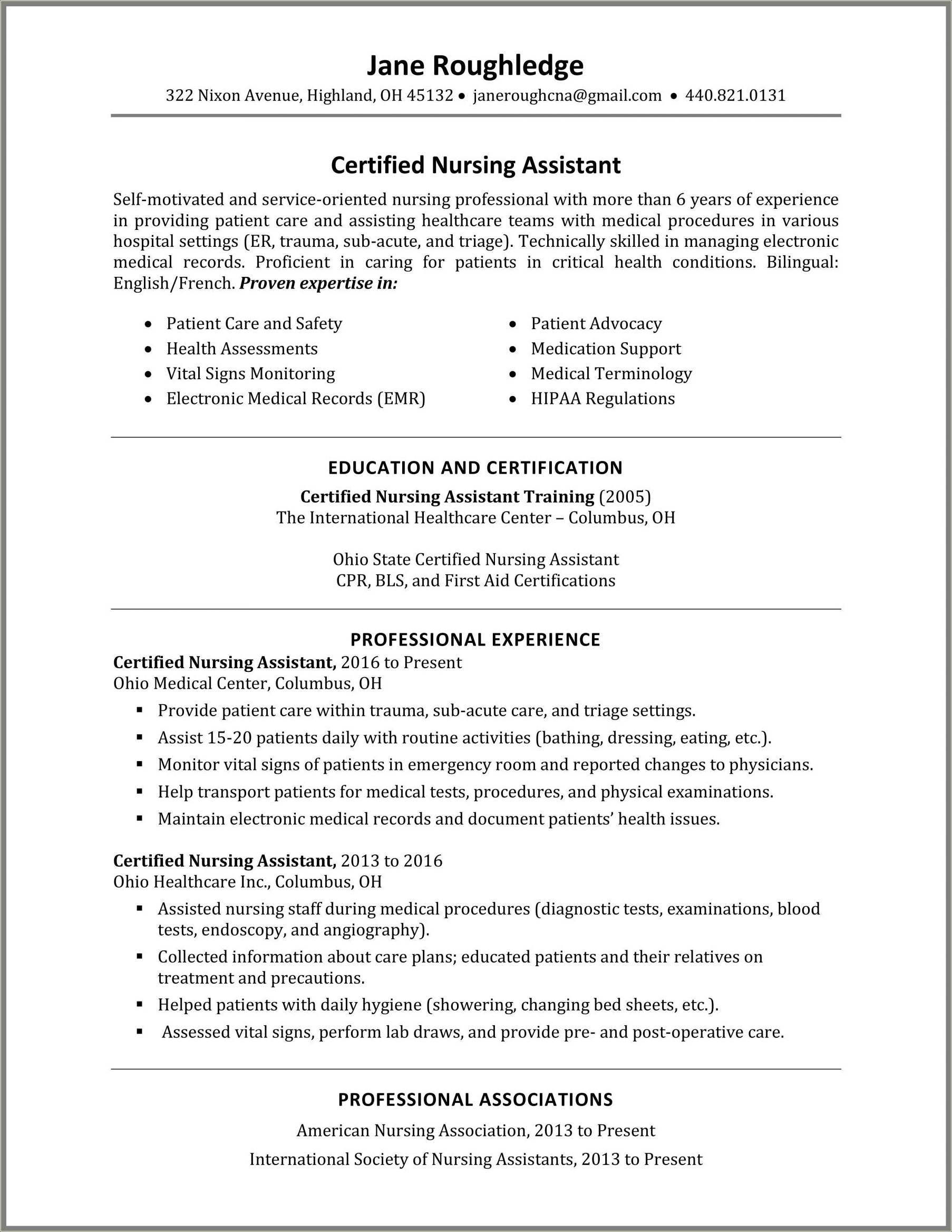 Description Of A Nursing Assistant On A Resume