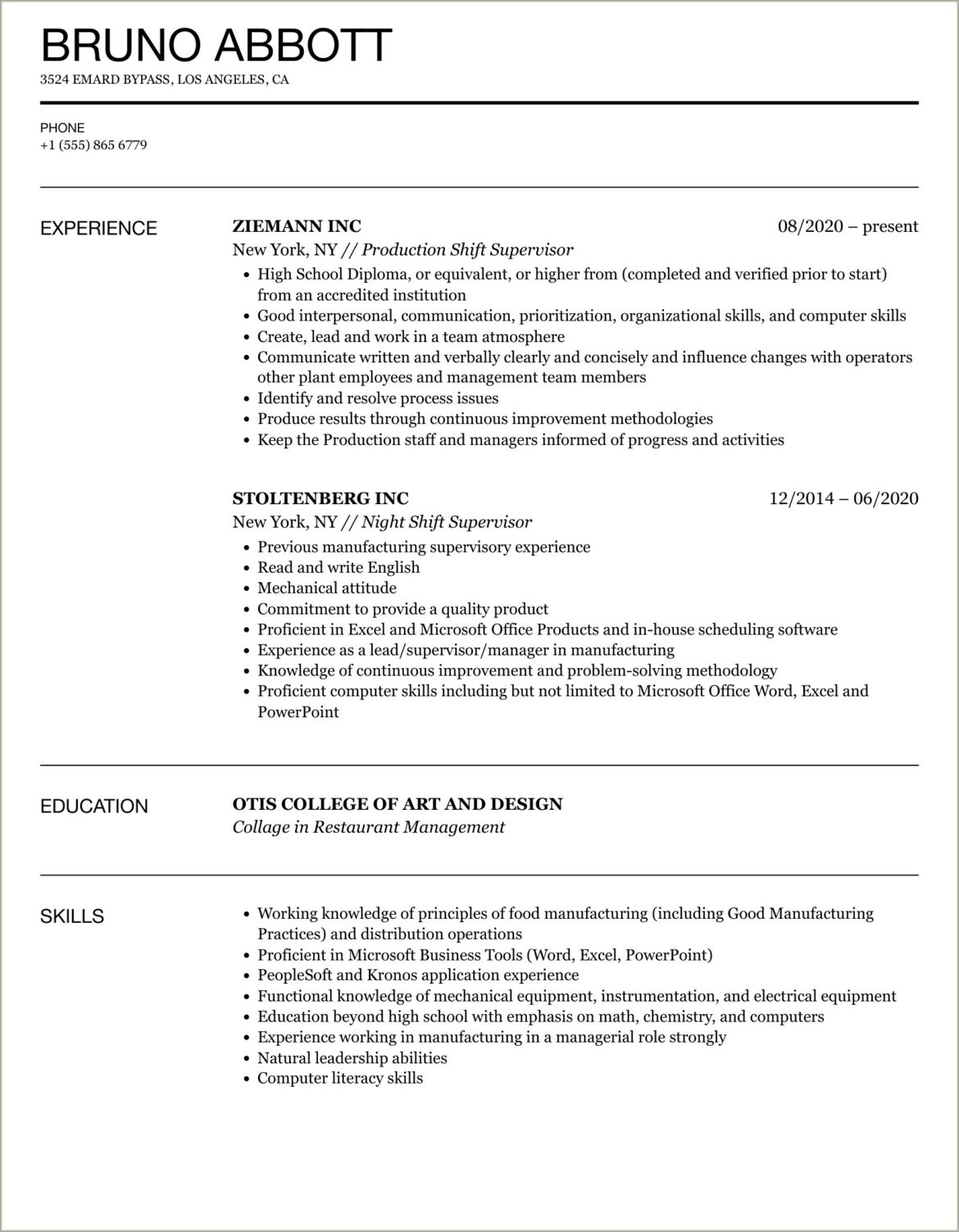 Description Of A Sift Supervisor On Resume