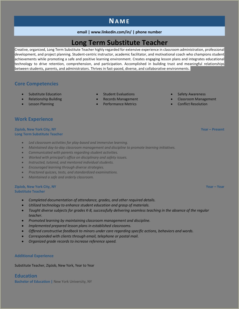 Description Of A Substitute Teacher On Resume