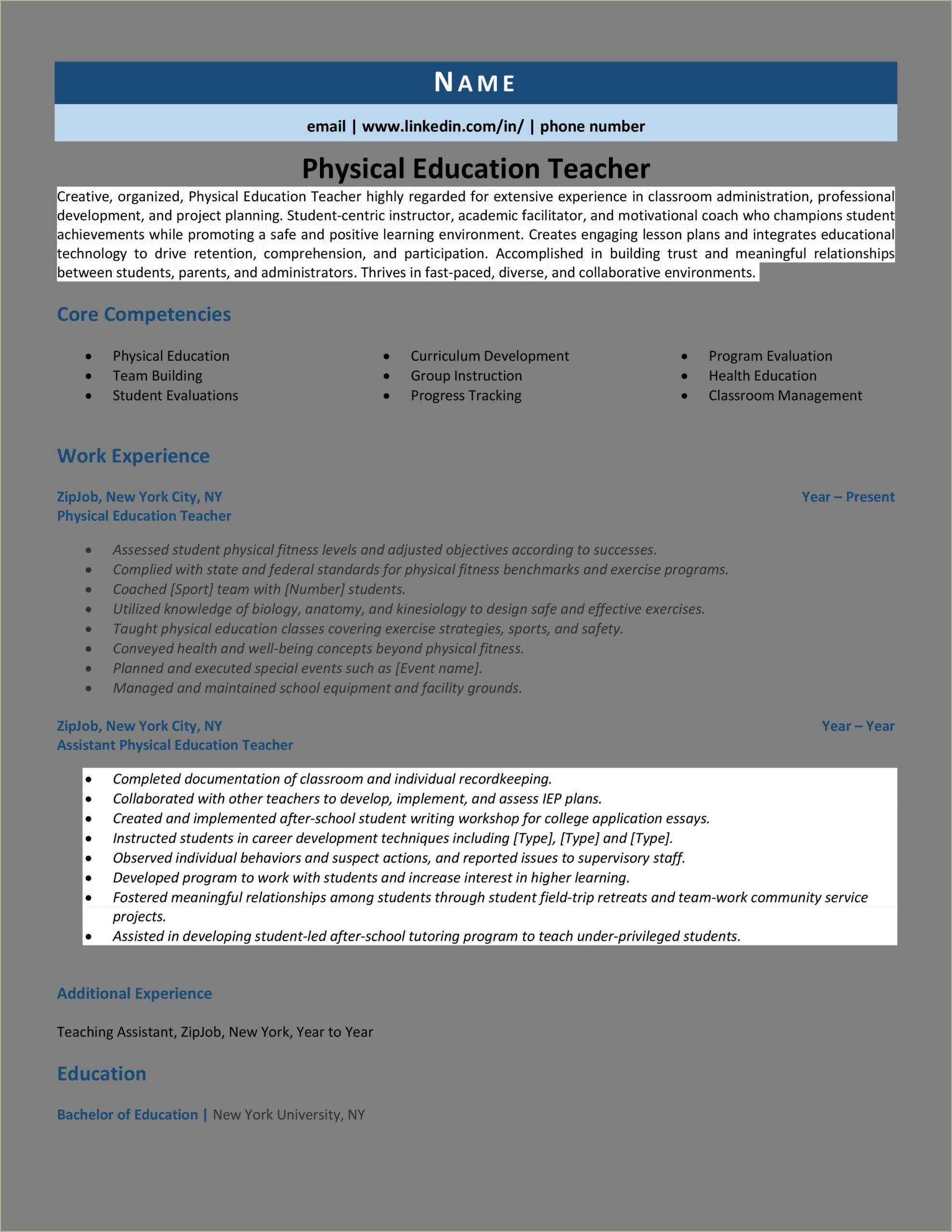 Description Of A Teacher For Resume