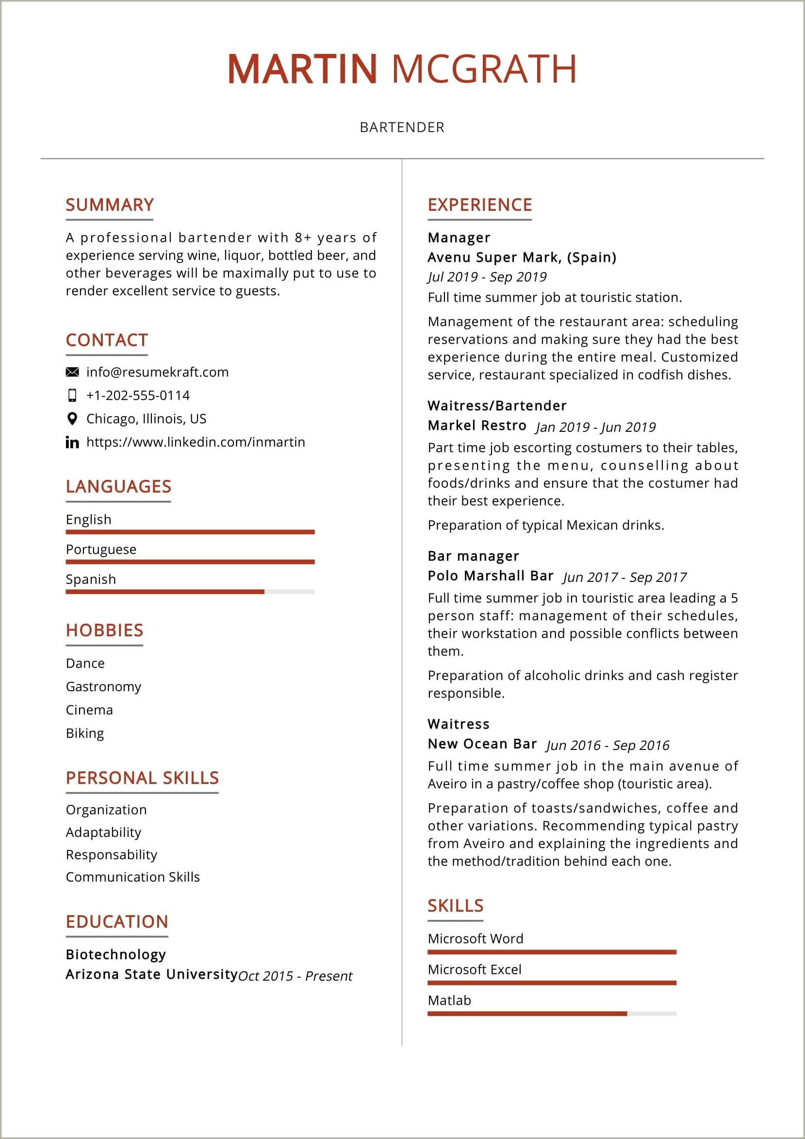 Description Of Cocktail Waitress For Resume