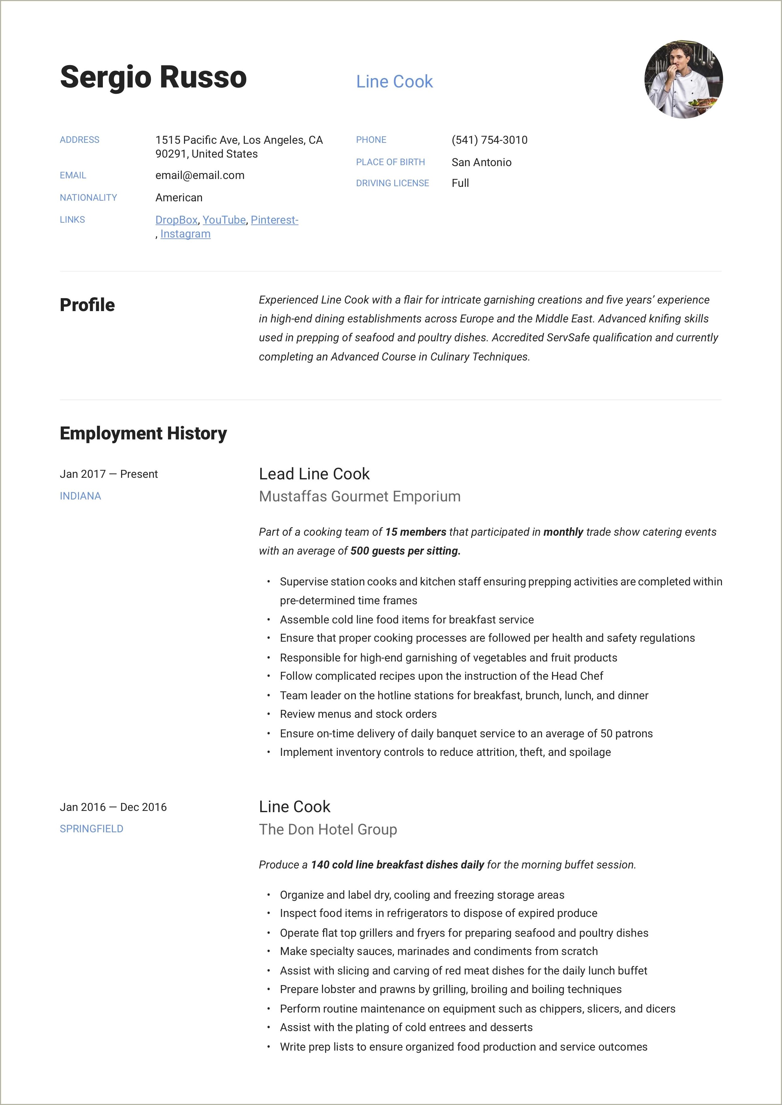 Description Of Cook Job For Resume