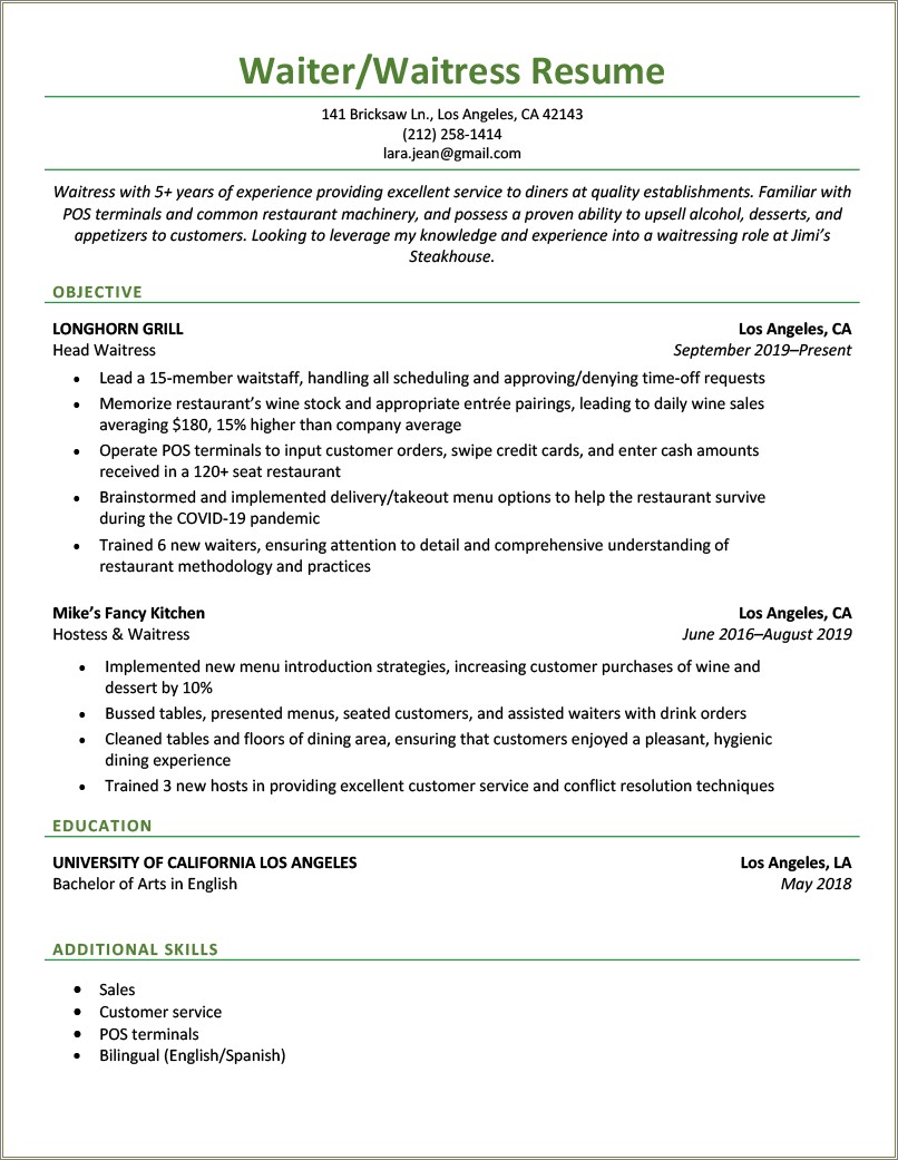 Description Of Customer Service In Restaurant Resume