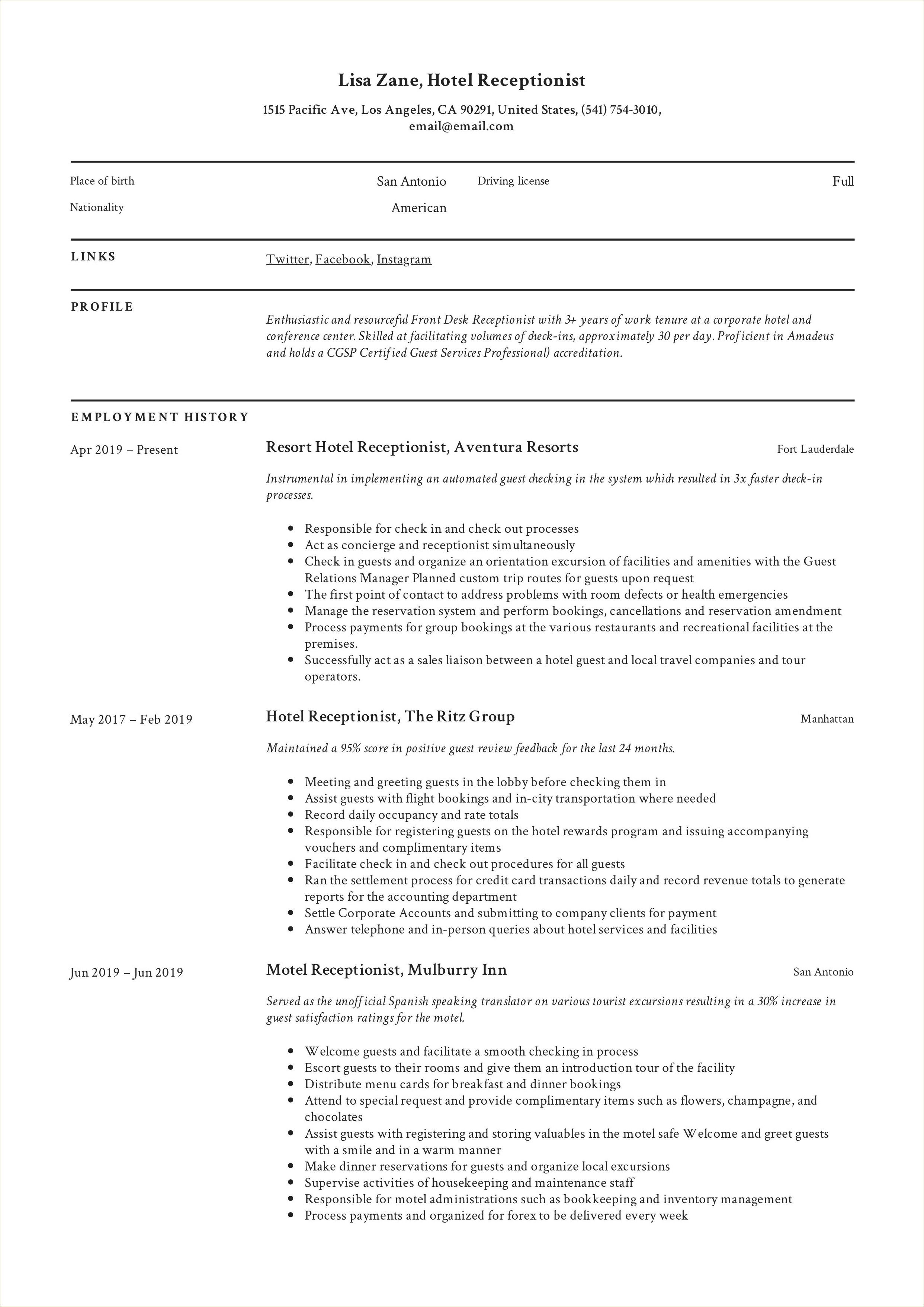 Description Of Front Desk Agent For Resume