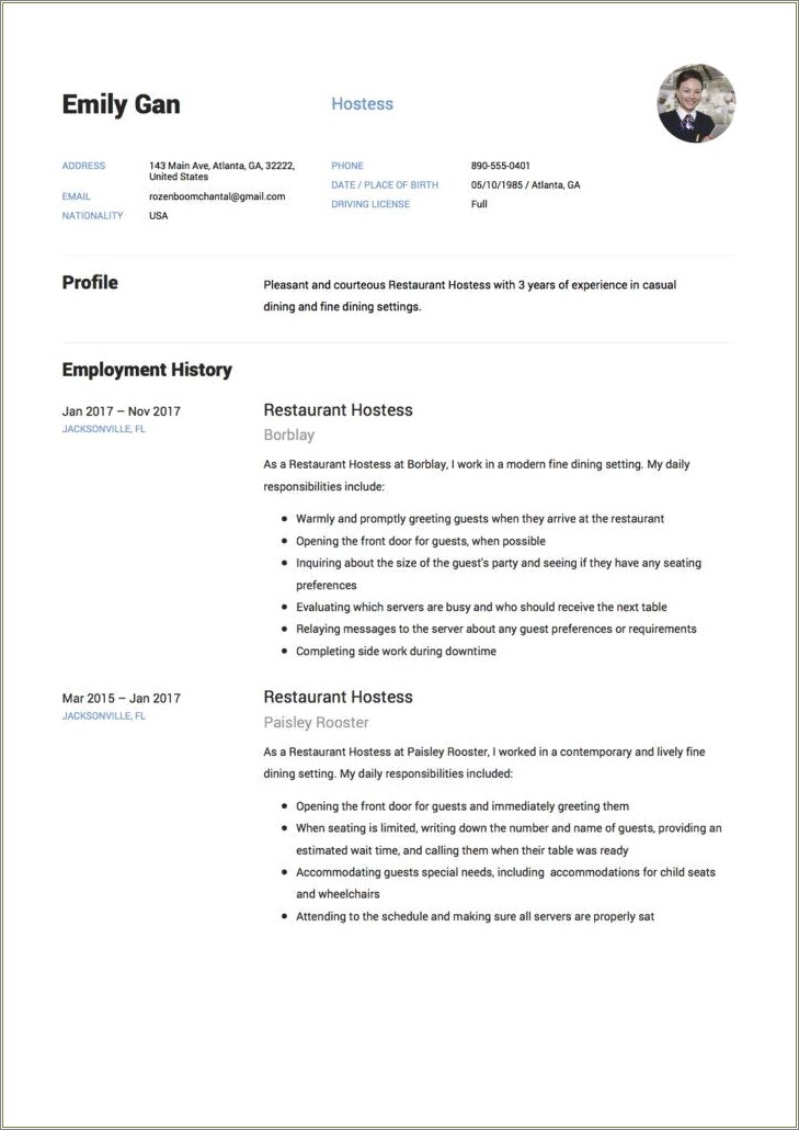 Description Of Hostess Job On Resume
