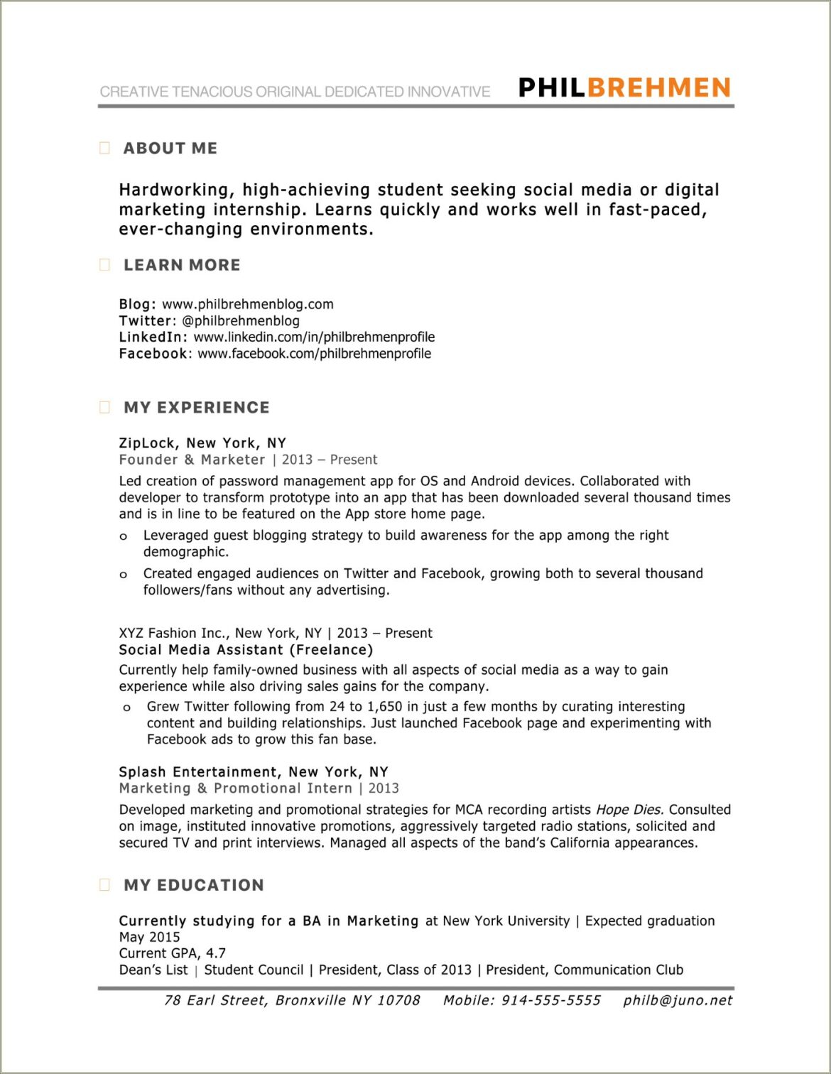 Description Of Marketing Internship For Resume