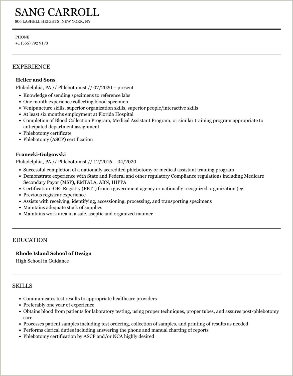 Description Of Phlebotomist Training On Resume