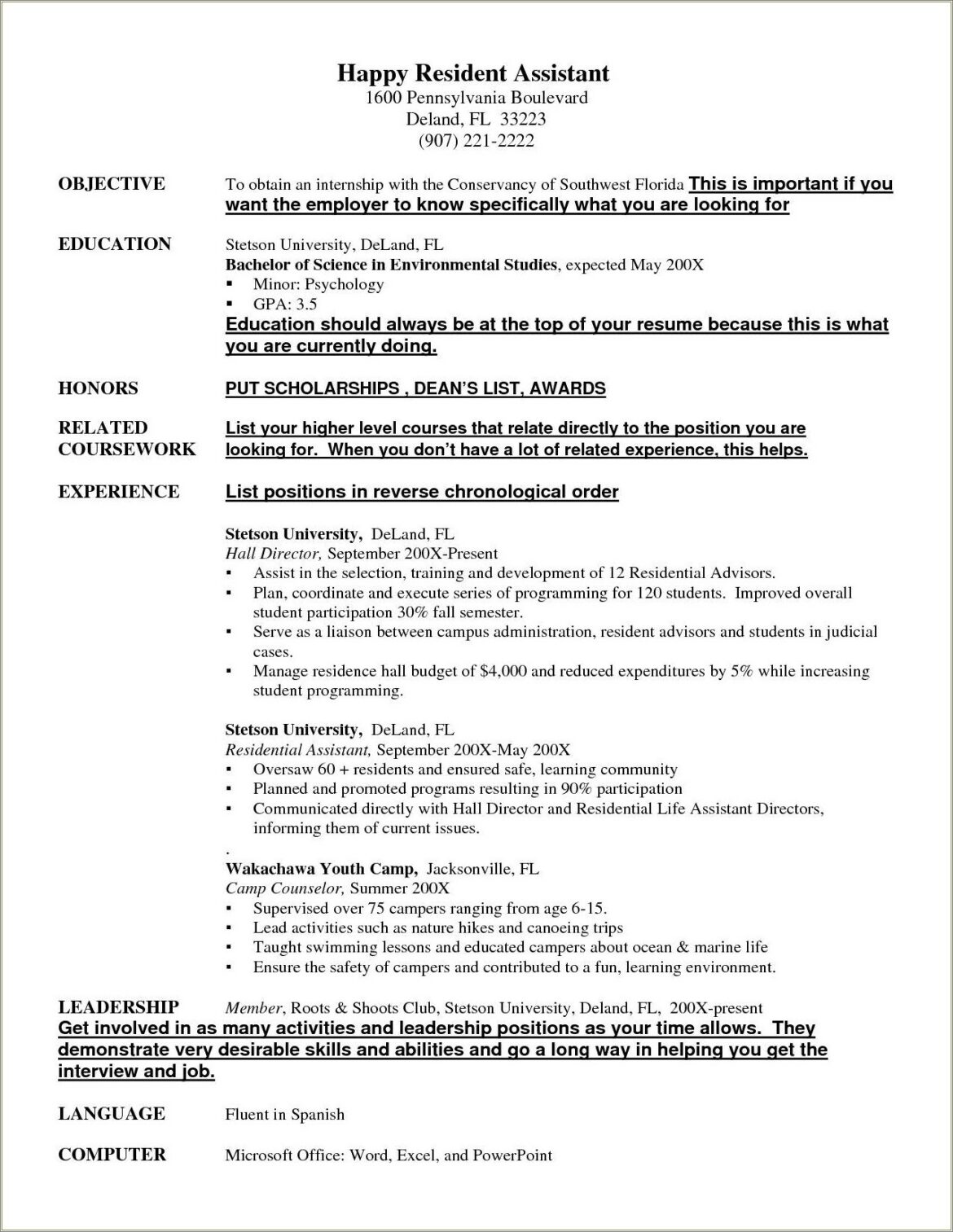 Description Of Ra Position For Resume