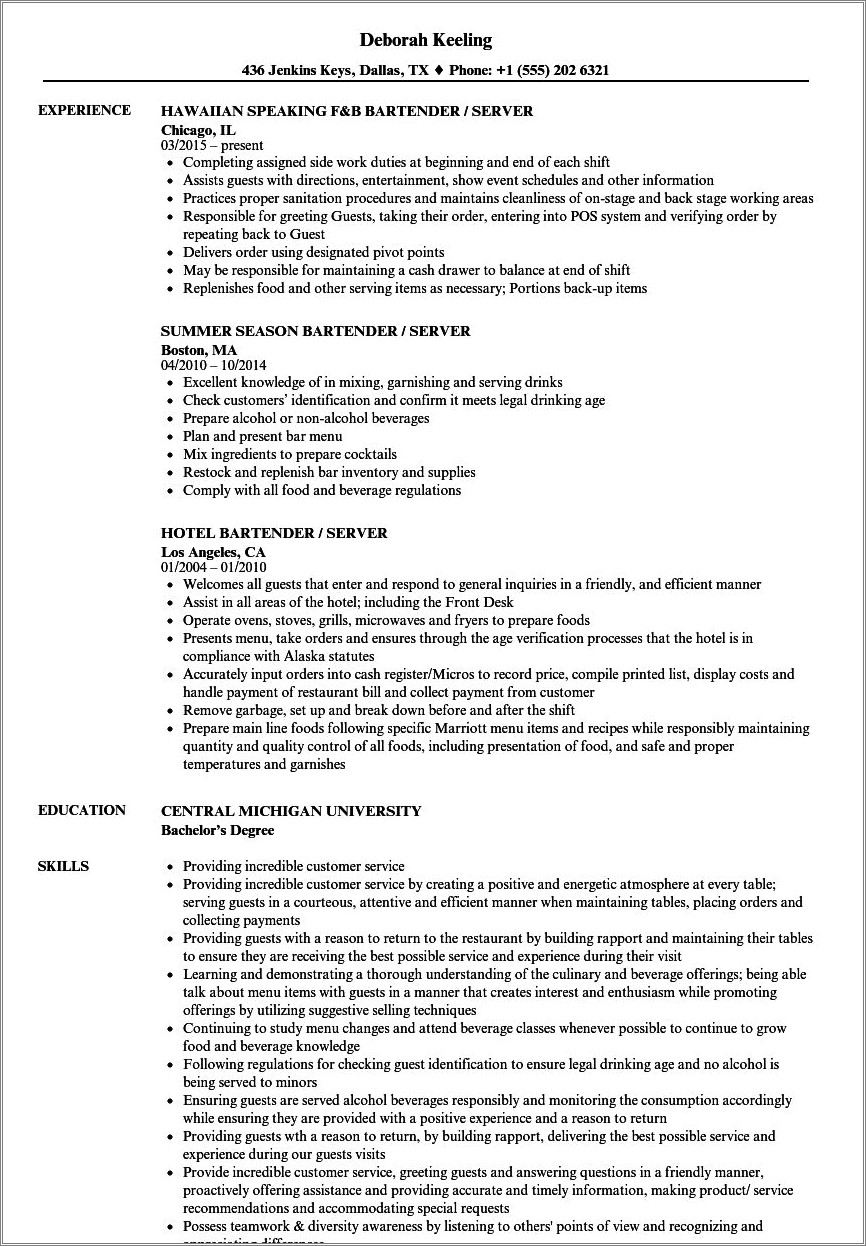 Description Of Responsibilities As A Bartender For Resume