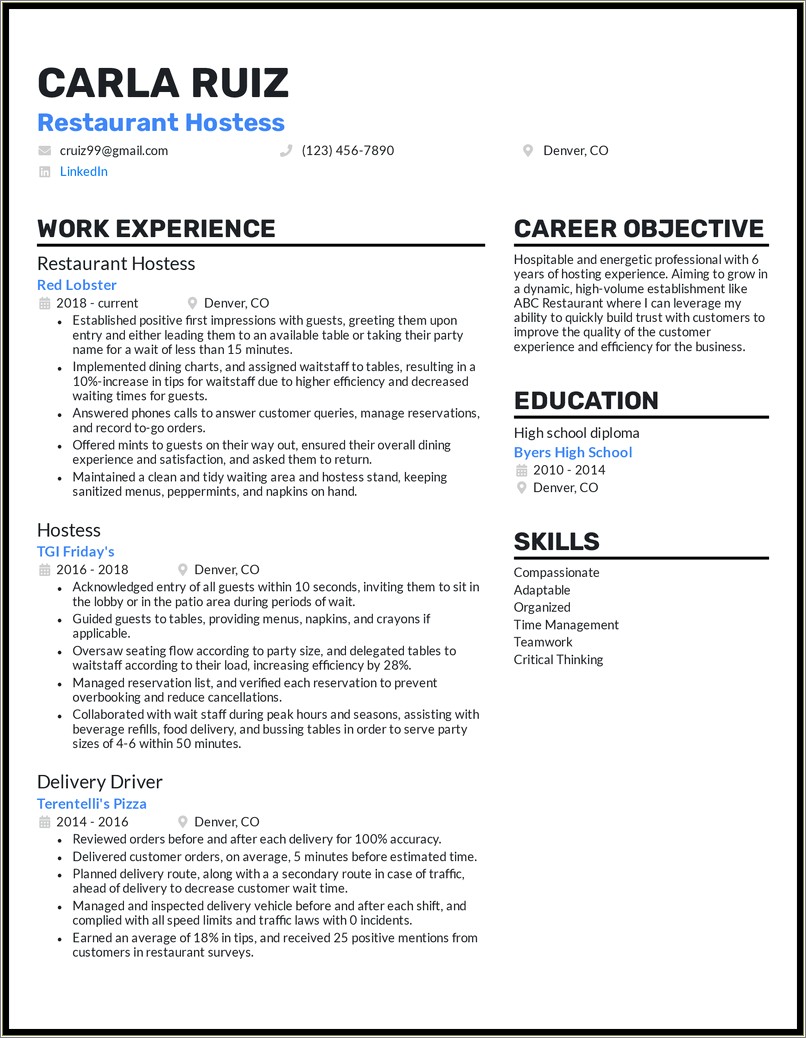 Description Of Restaurant Host For Resume