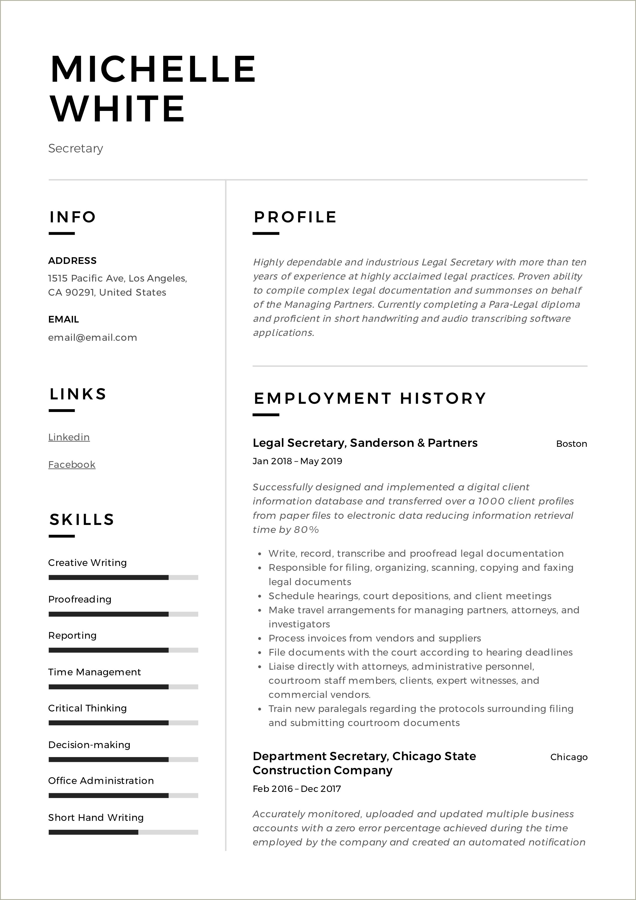 Description Of Secretary Duties For Resume