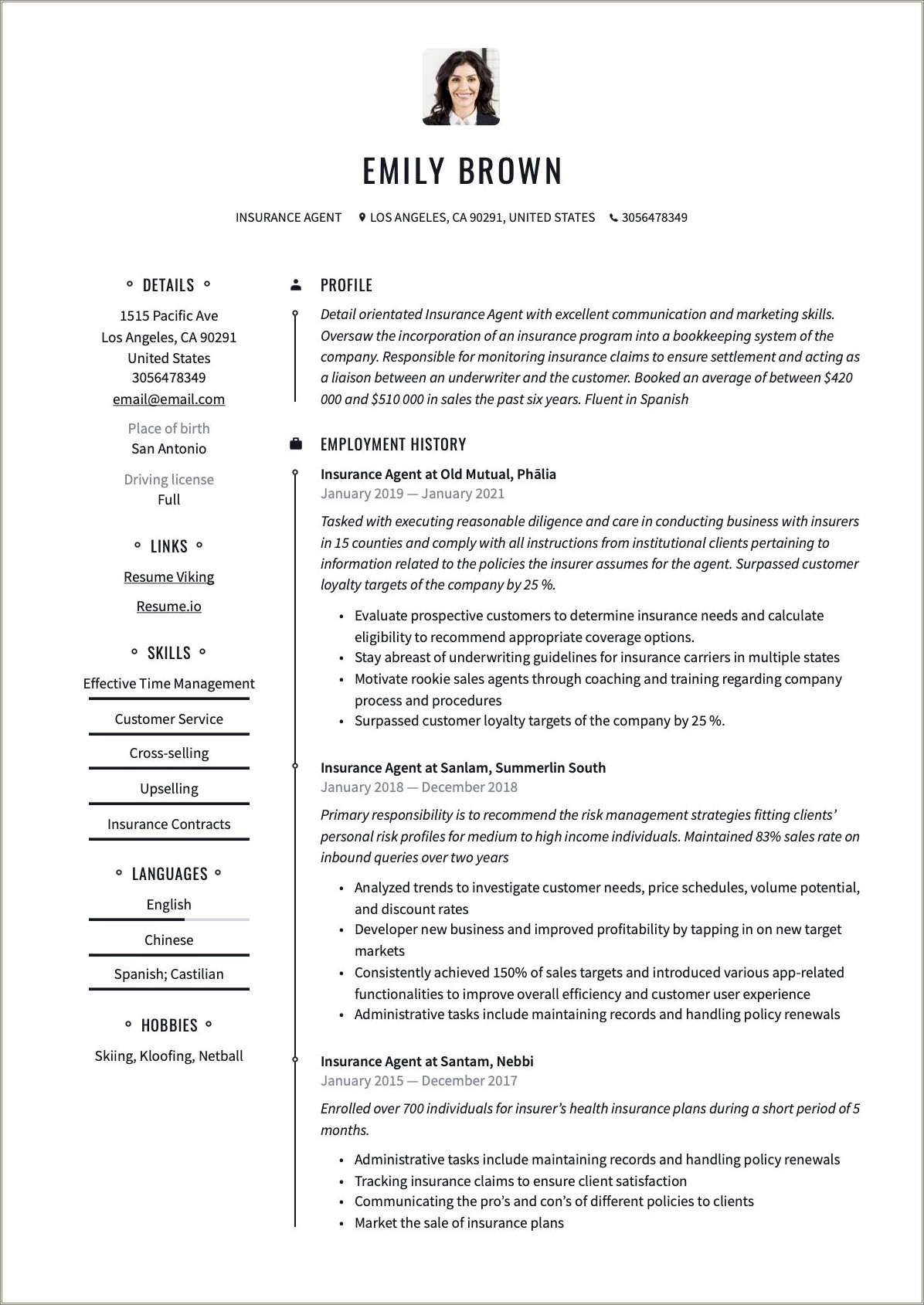 Description Of Sellling Insurance For A Resume