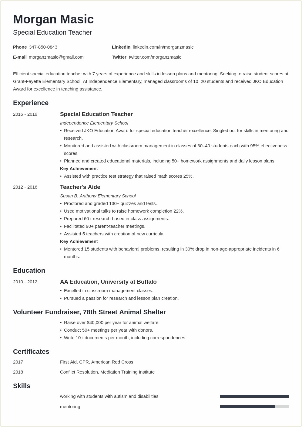 Description Of Special Education Teacher For Resume