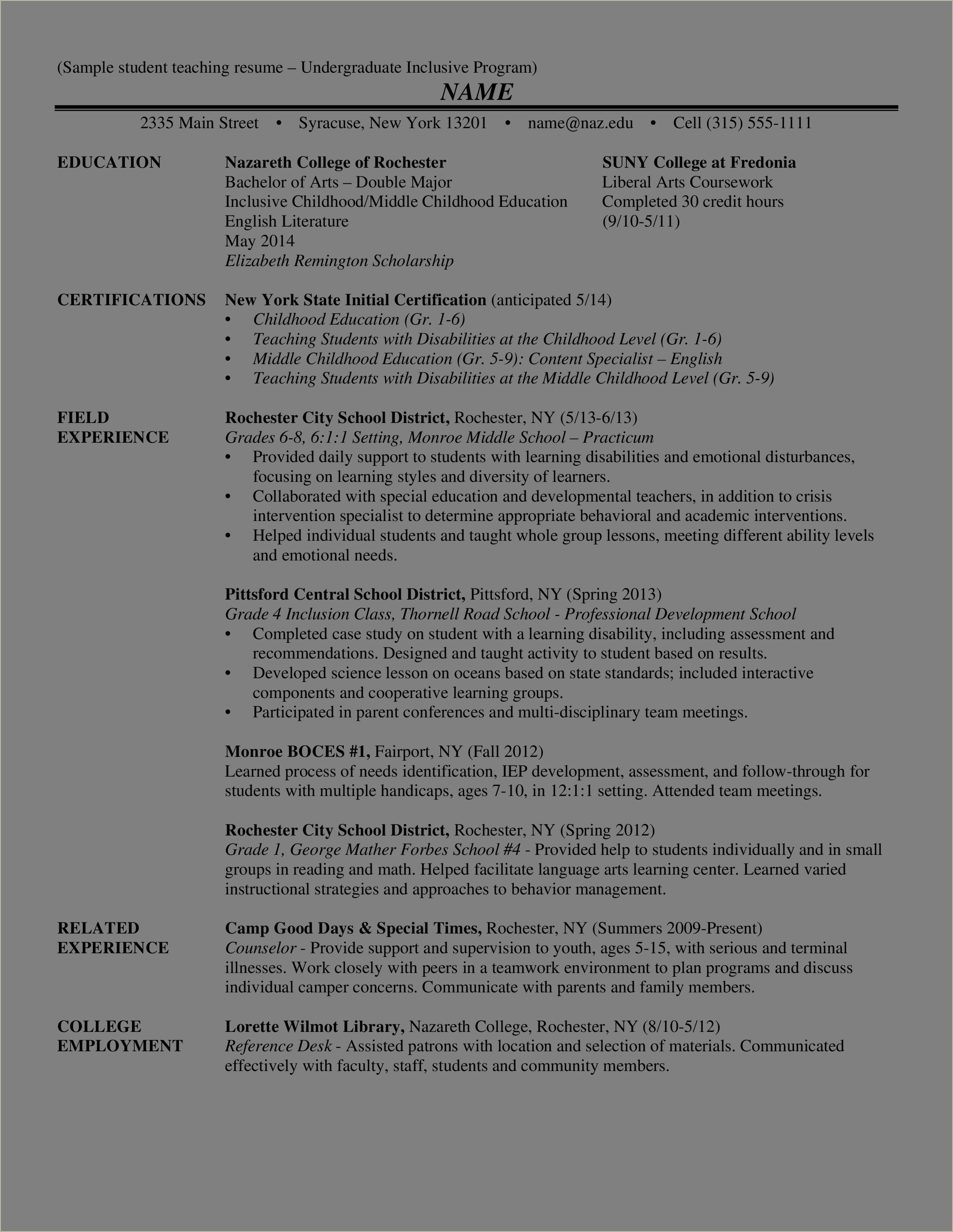 Description Of Student Teaching For Resume