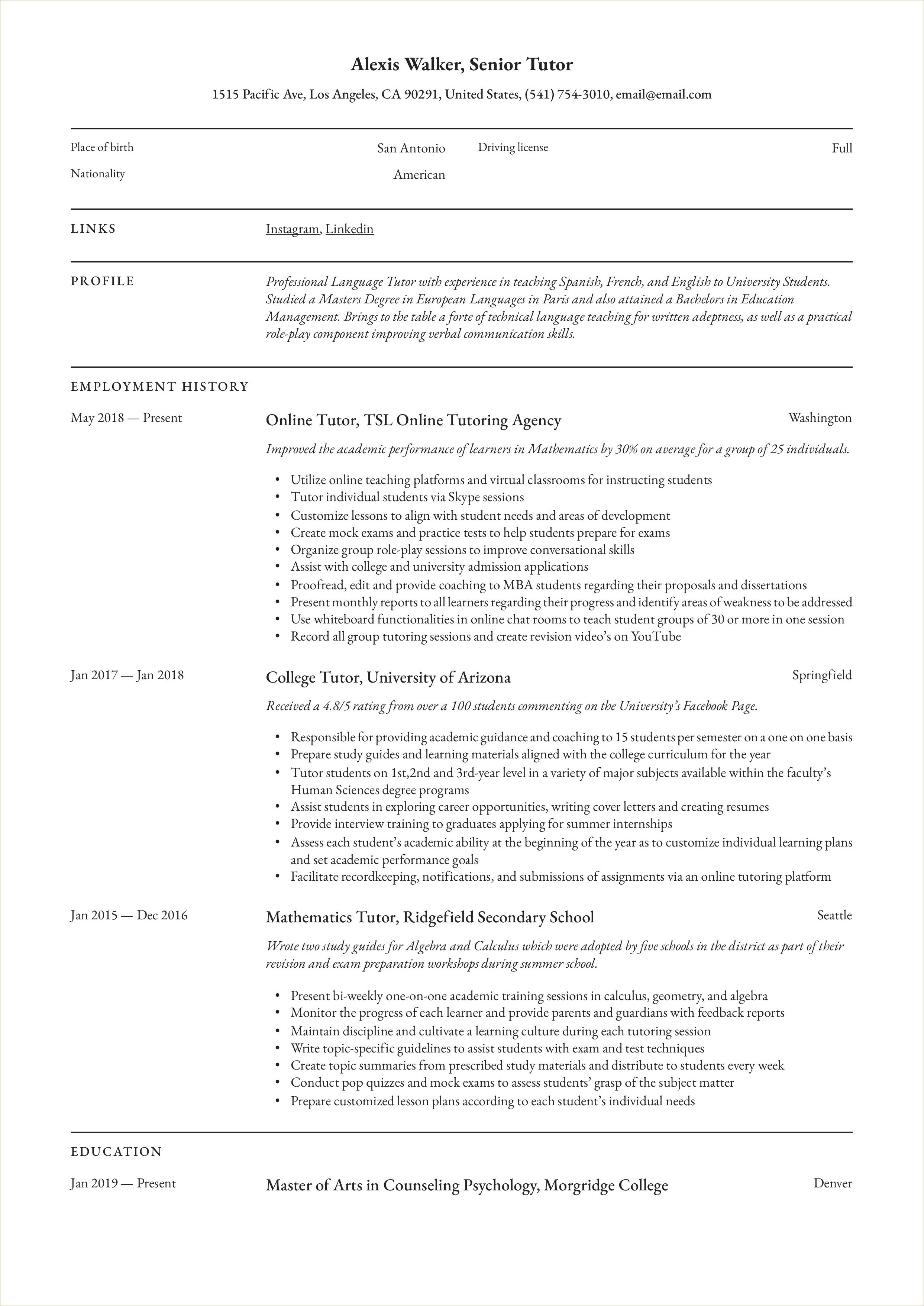 Description Of Tutoring Job For Resumes