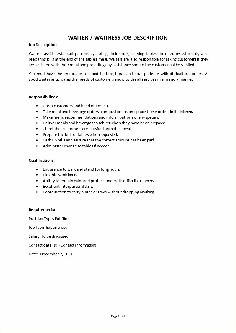 Description Of Waitressing Job For Resume