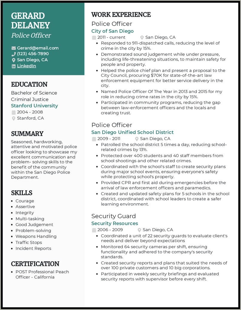 Description Of Work Experience Resume Police Officer Example