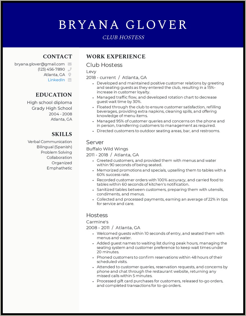 Description Words For Hostess On Resume