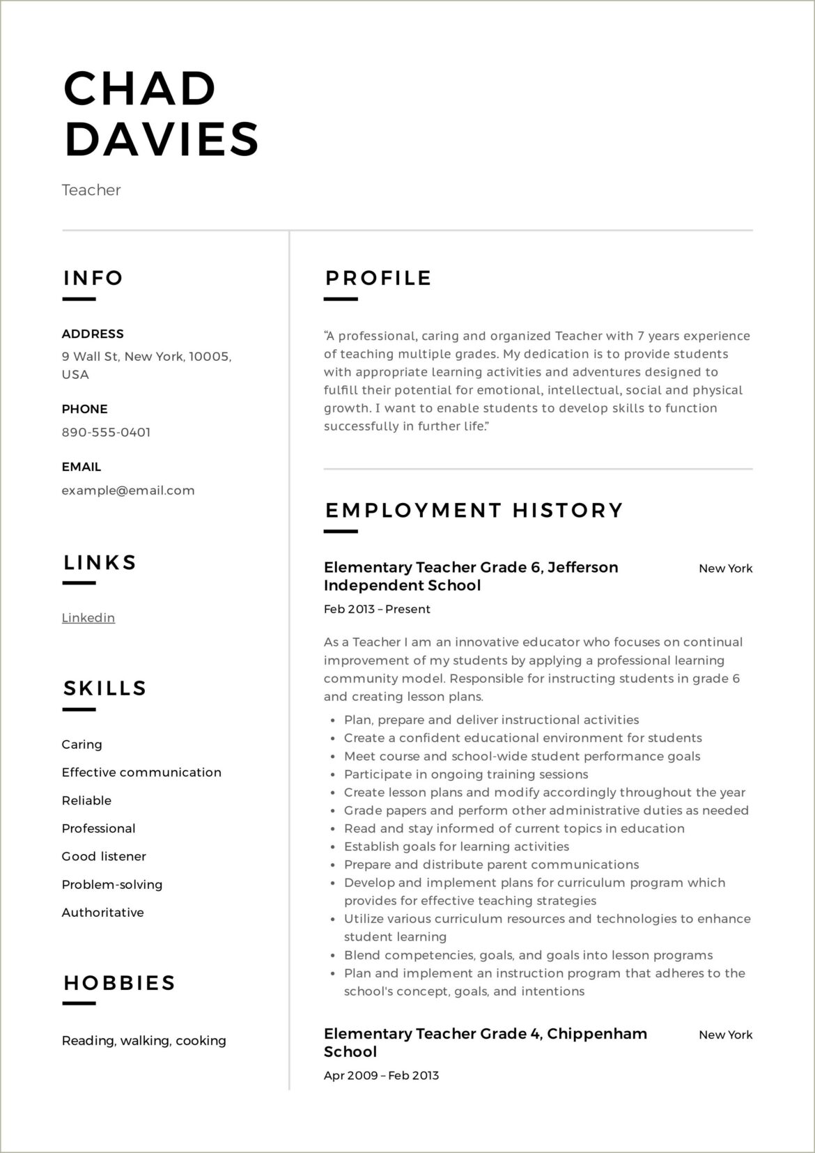 Descriptions For 4th Grade Teacher On Resume