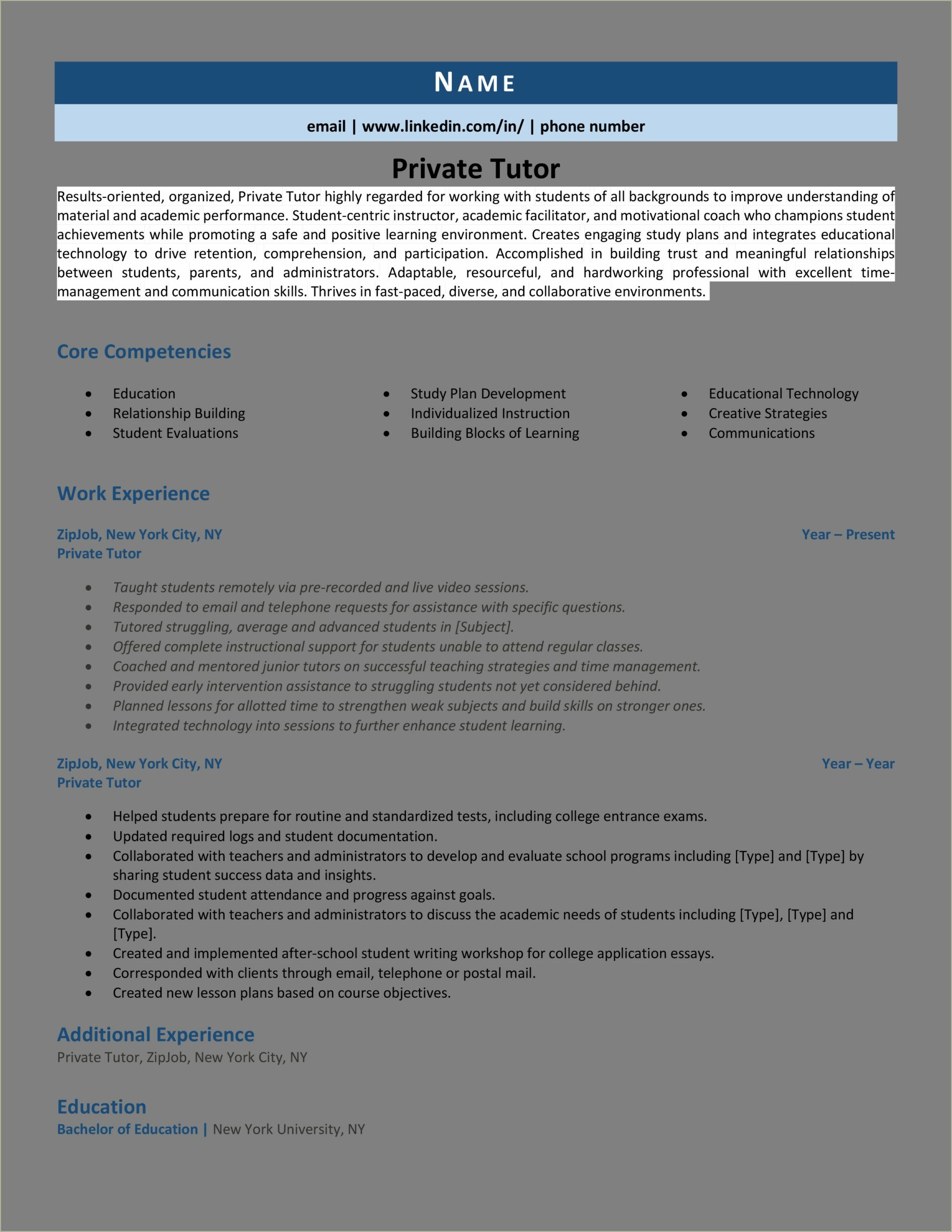 Descriptions For Being A Tutor On Resume