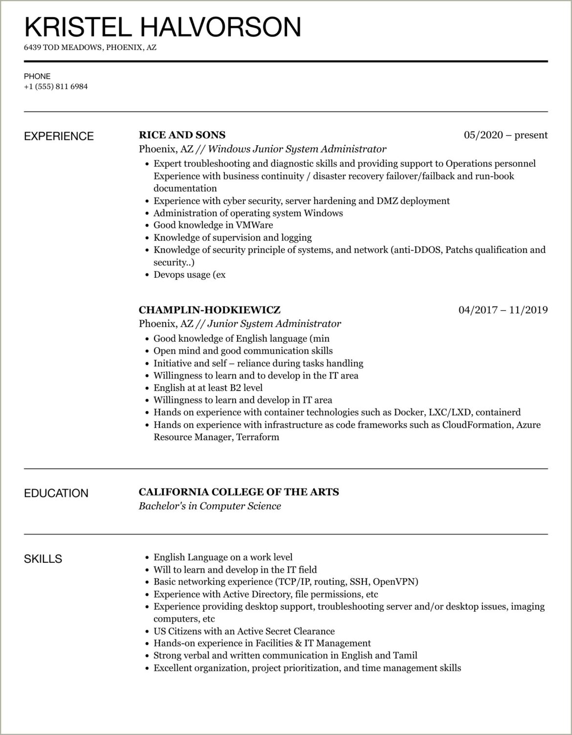 Desktop Technician Jr Admin Sample Resume