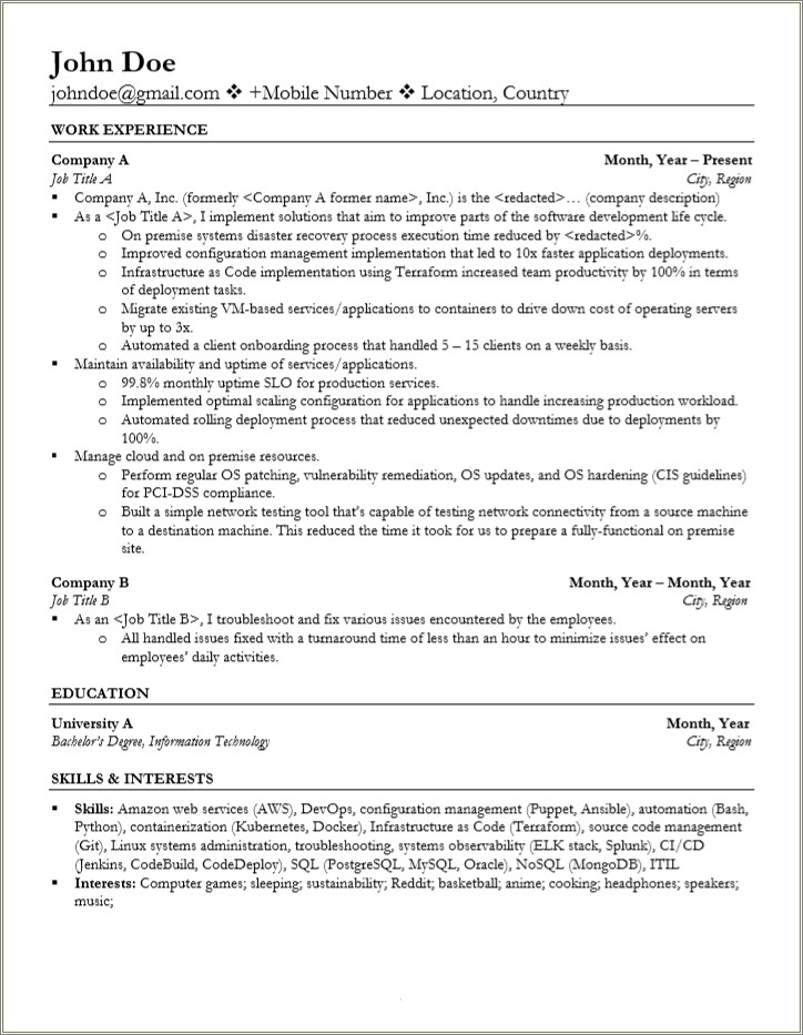 Devops Engineer Professional Summary For Resume