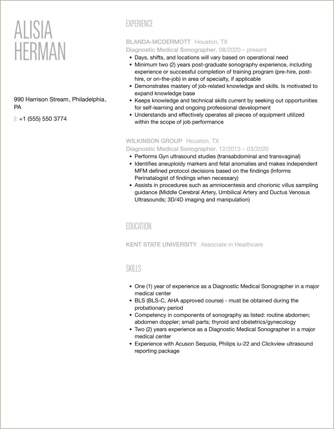 Diagnostic Medical Sonographer Free Sample Resume