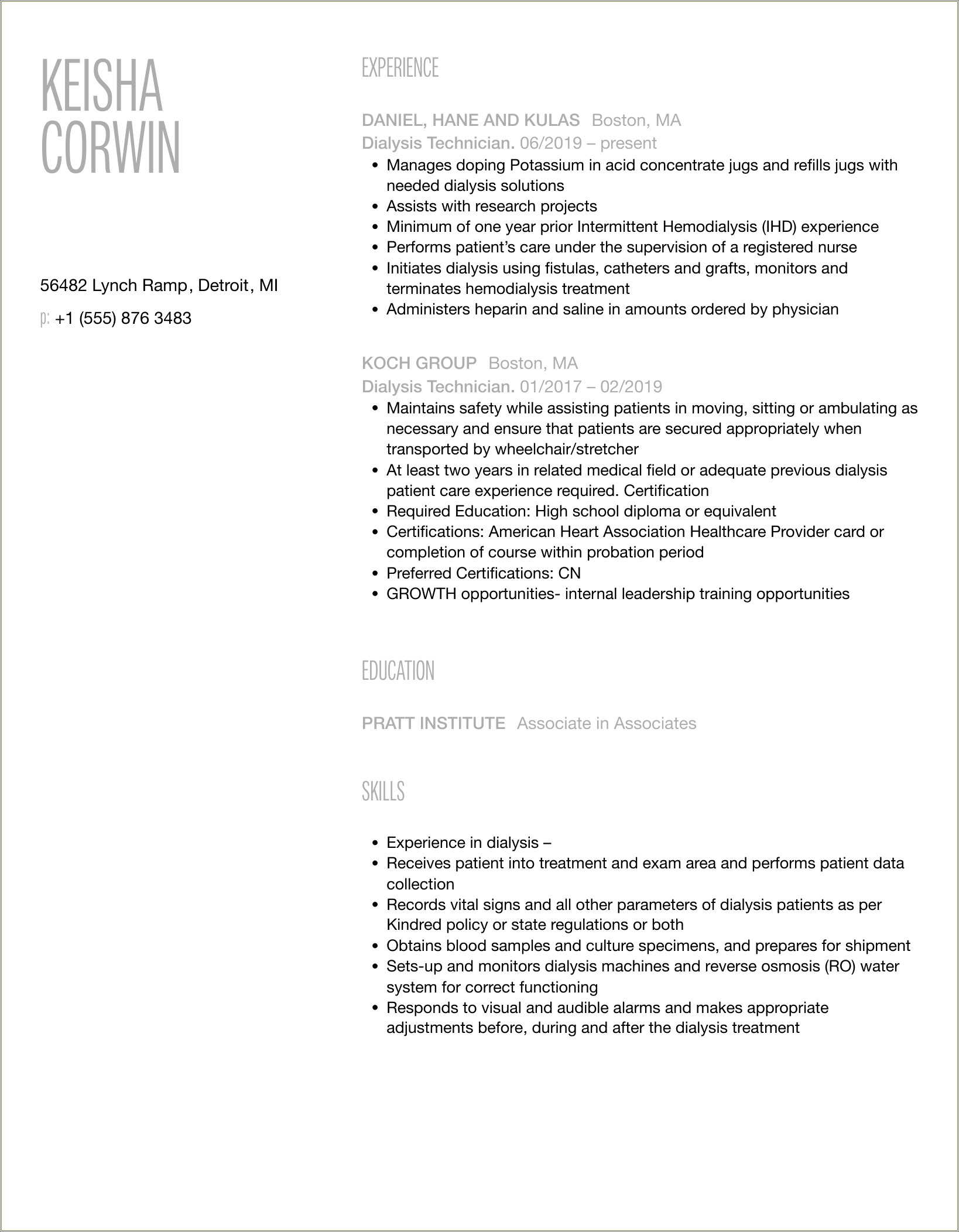 Dialysis Technician Resume With No Experience