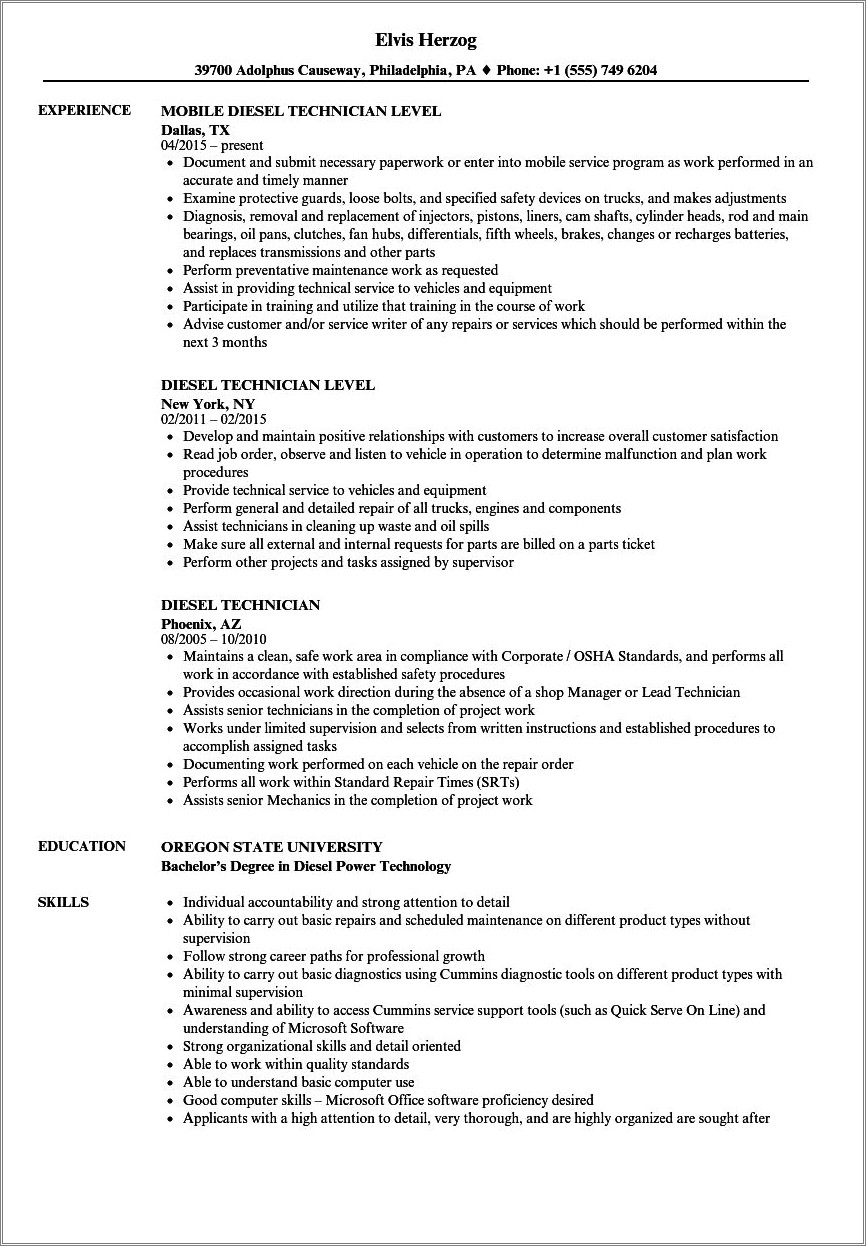 Diesel Laptops Outside Sales Description For Resume