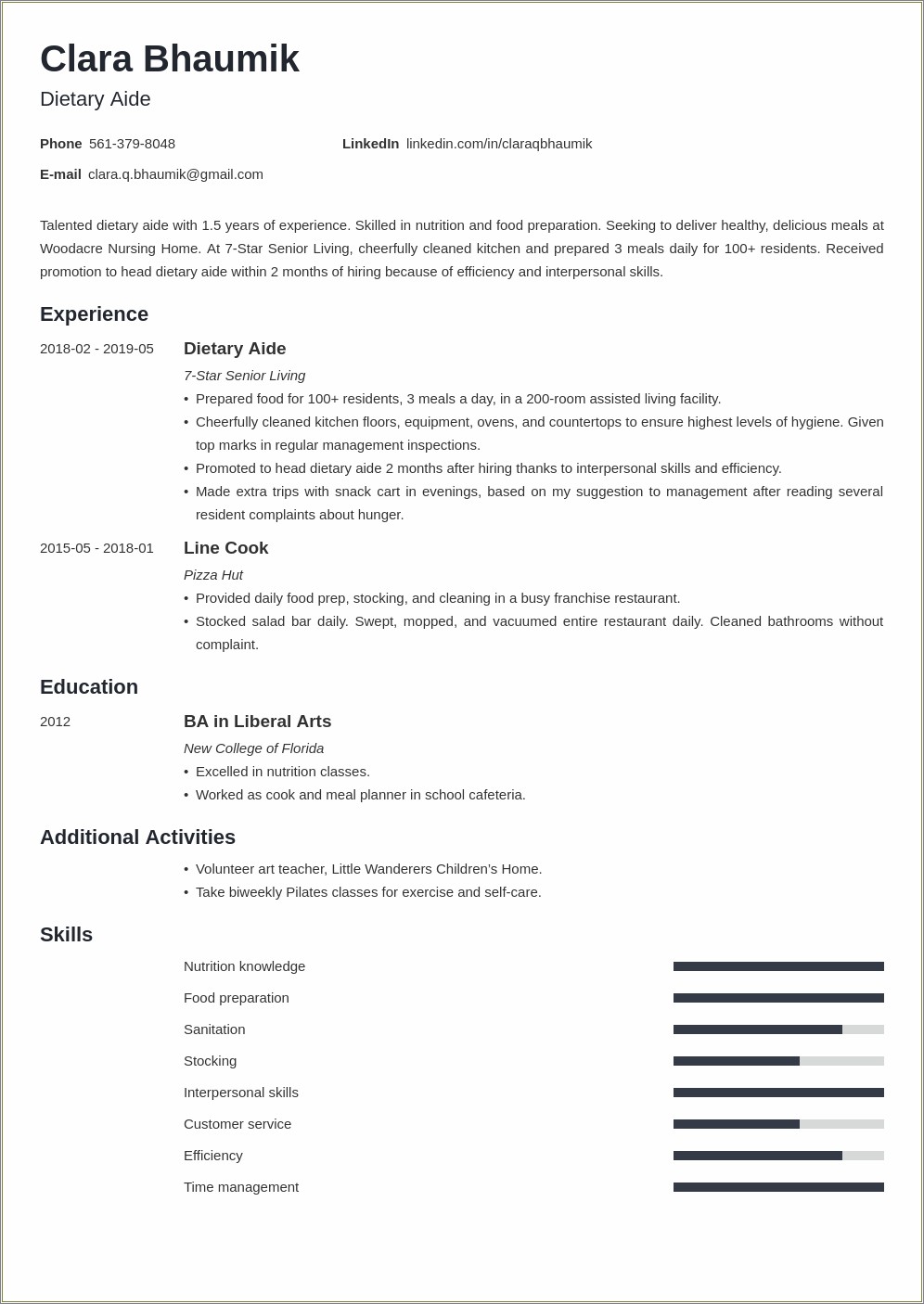 Dietary Clerk Job Description For Resume