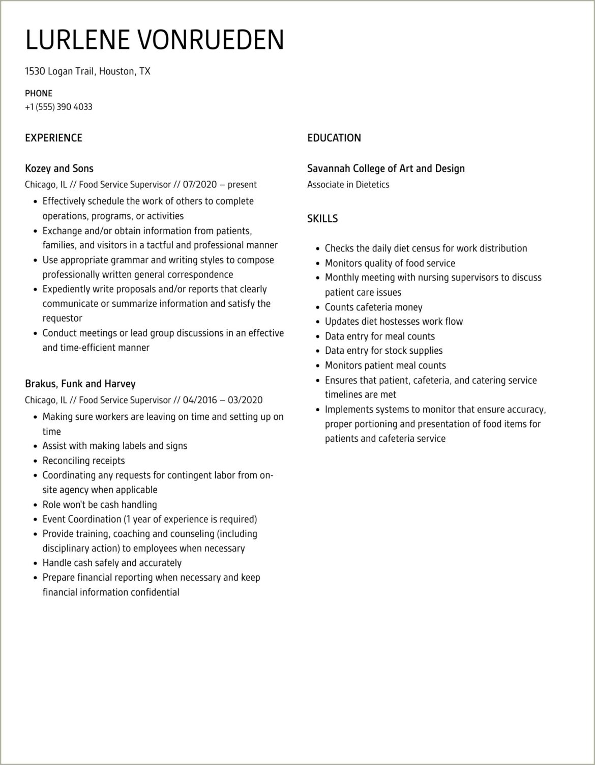 Dietary Supervisor Resume Skills And Abilities