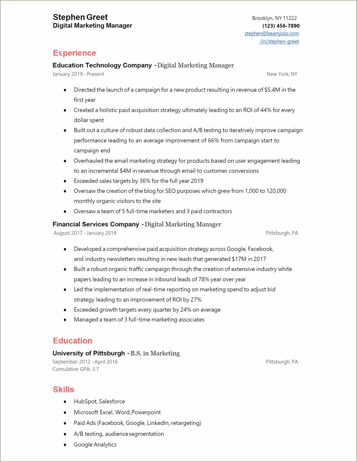 Digital Marketing Manager Resume Free Download