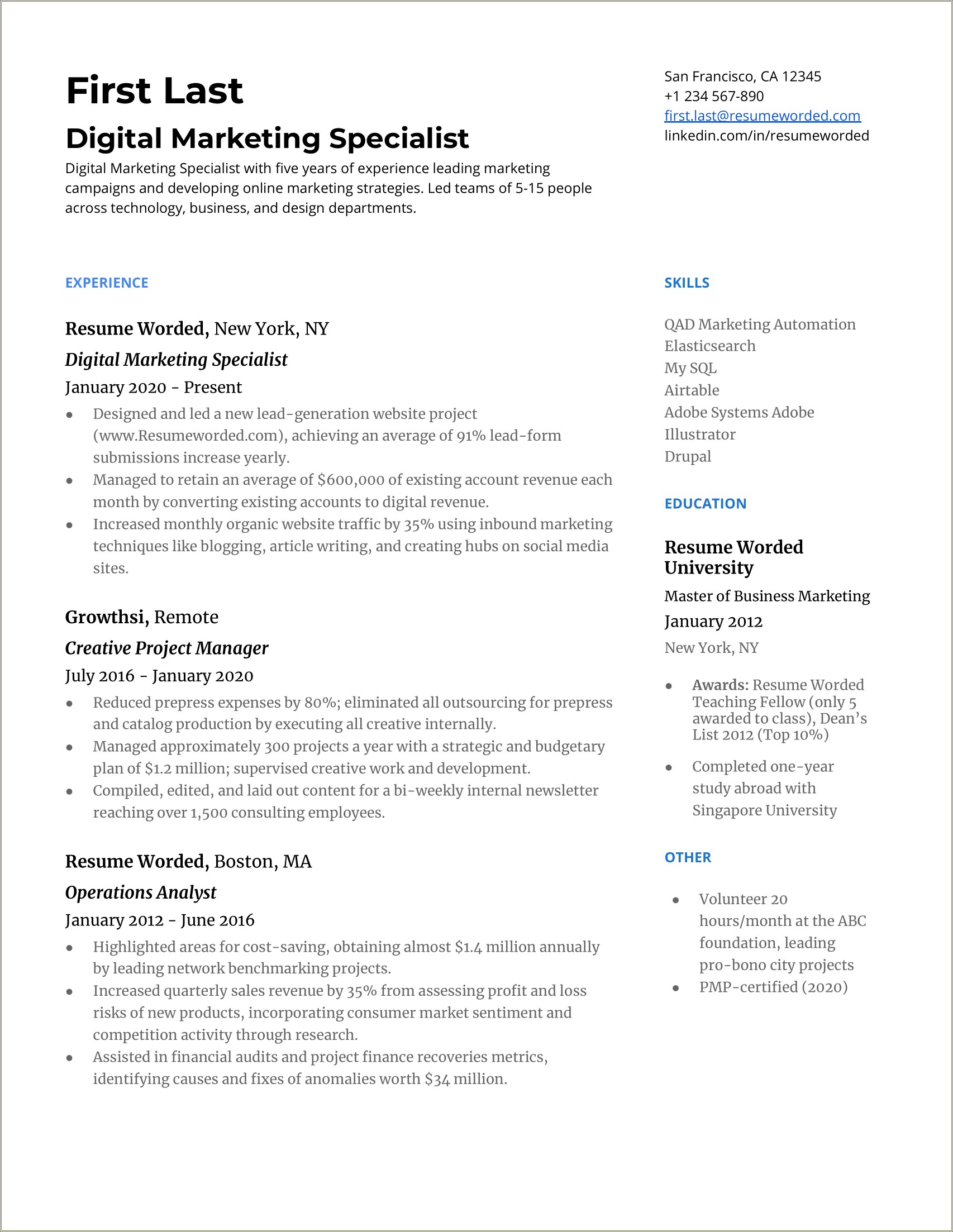 Digital Marketing Resume Example Best 2017