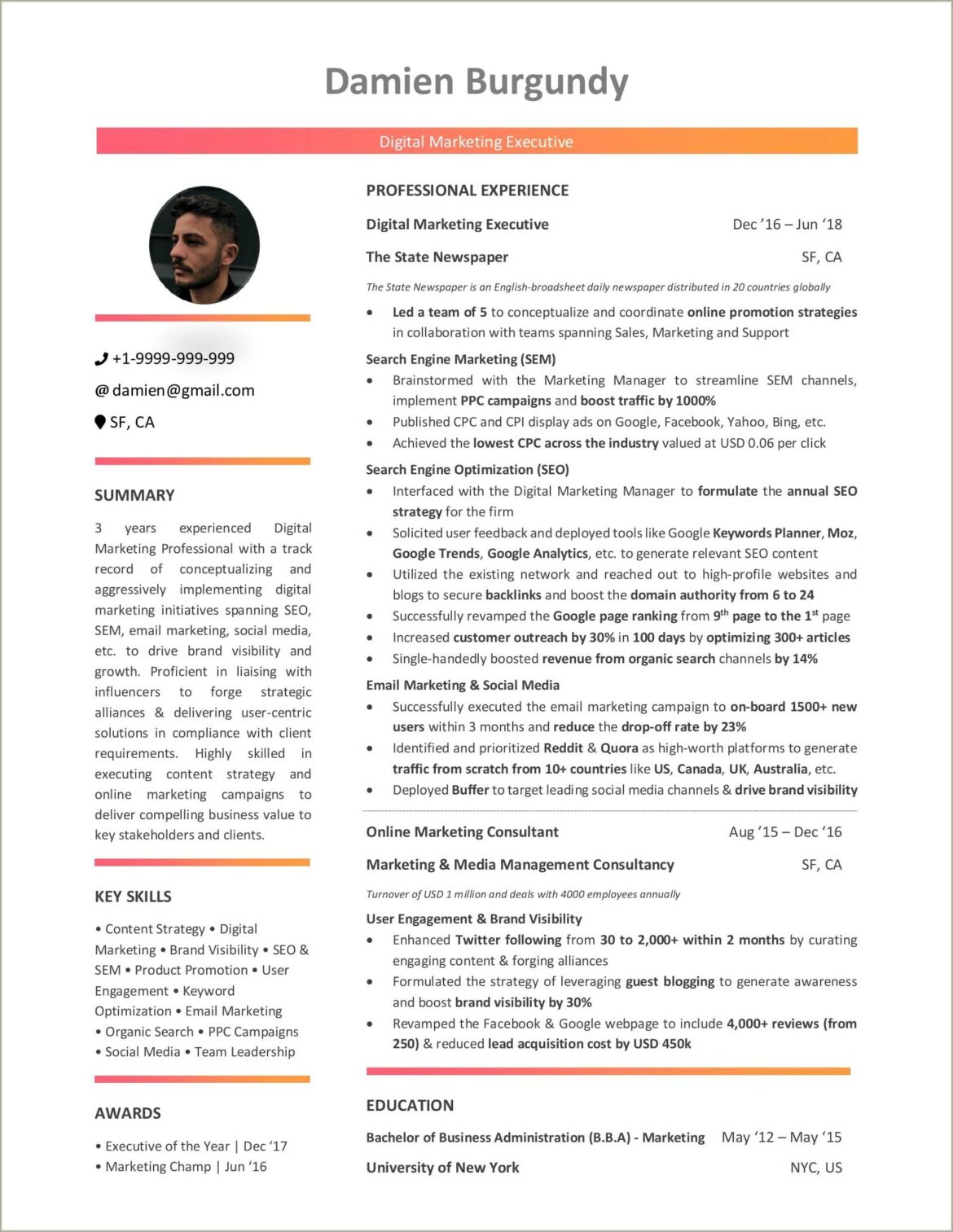 Digital Marketing Resume Samples For Freshers