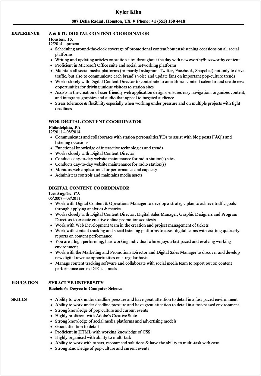 Digital Media Development Coordinator Job Description Resume