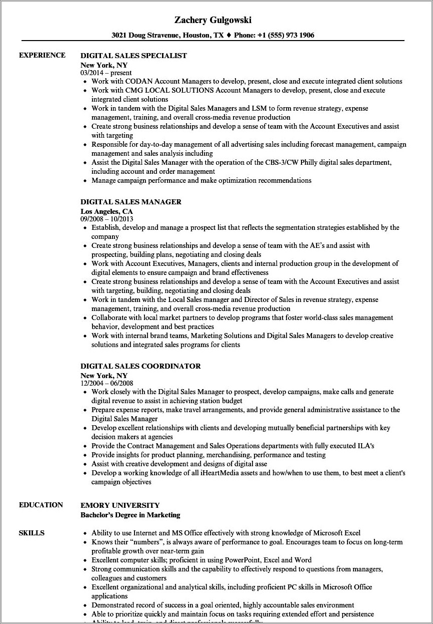 Digital Sales Representative Job Description Resume