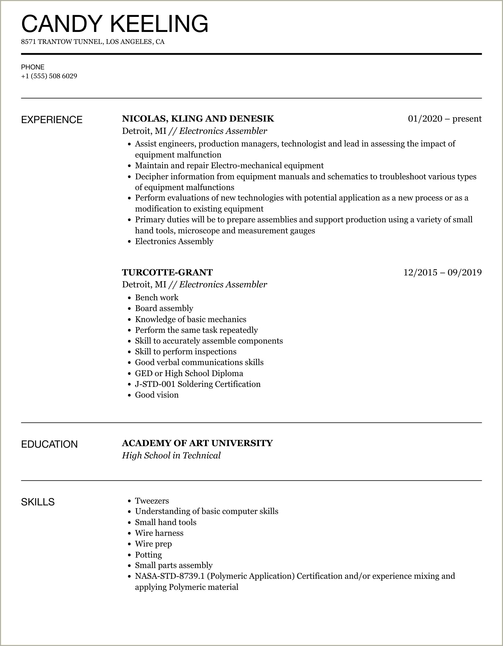 Dip Soldering Assembler Resume Sample In Pdf