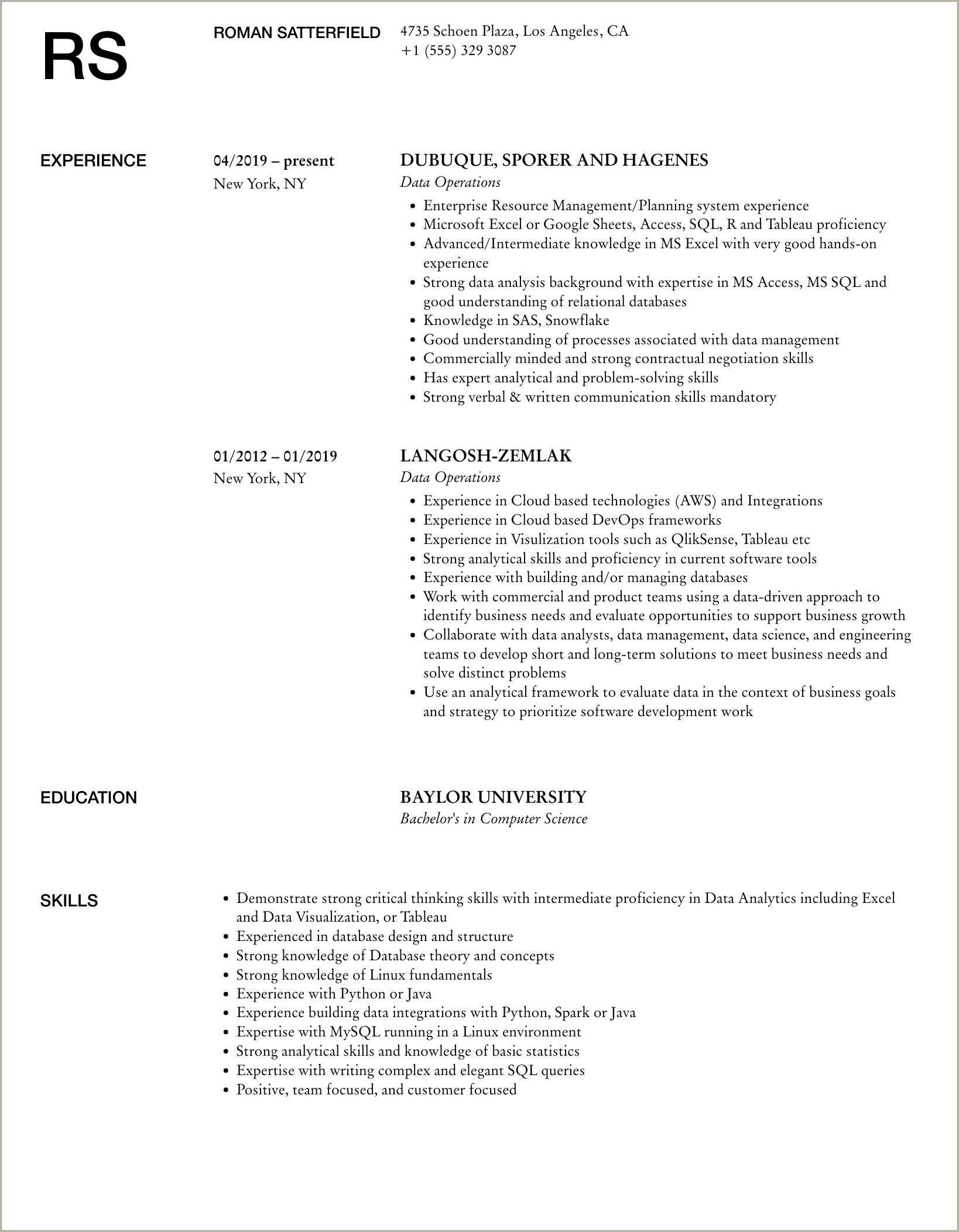 Director Of Data Operations Resume Template