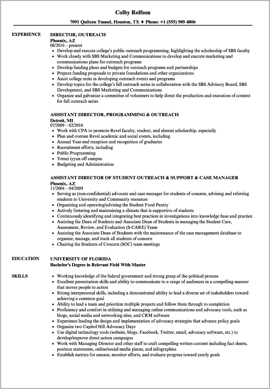 Director Of Education And Outreach Sample Resume