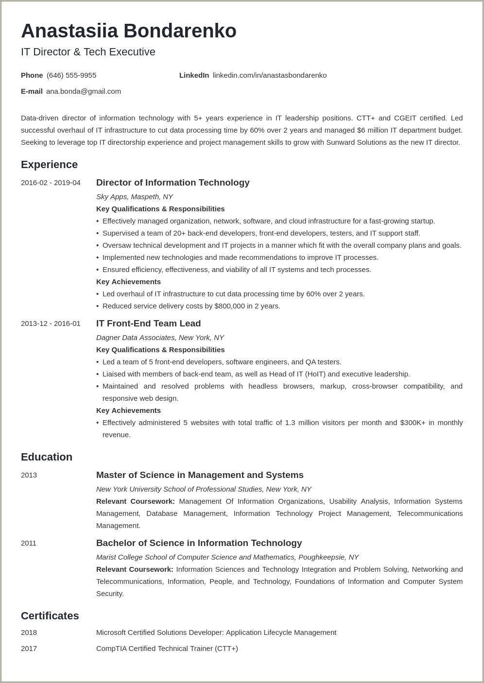 Director Of Information Technology Resume Objective
