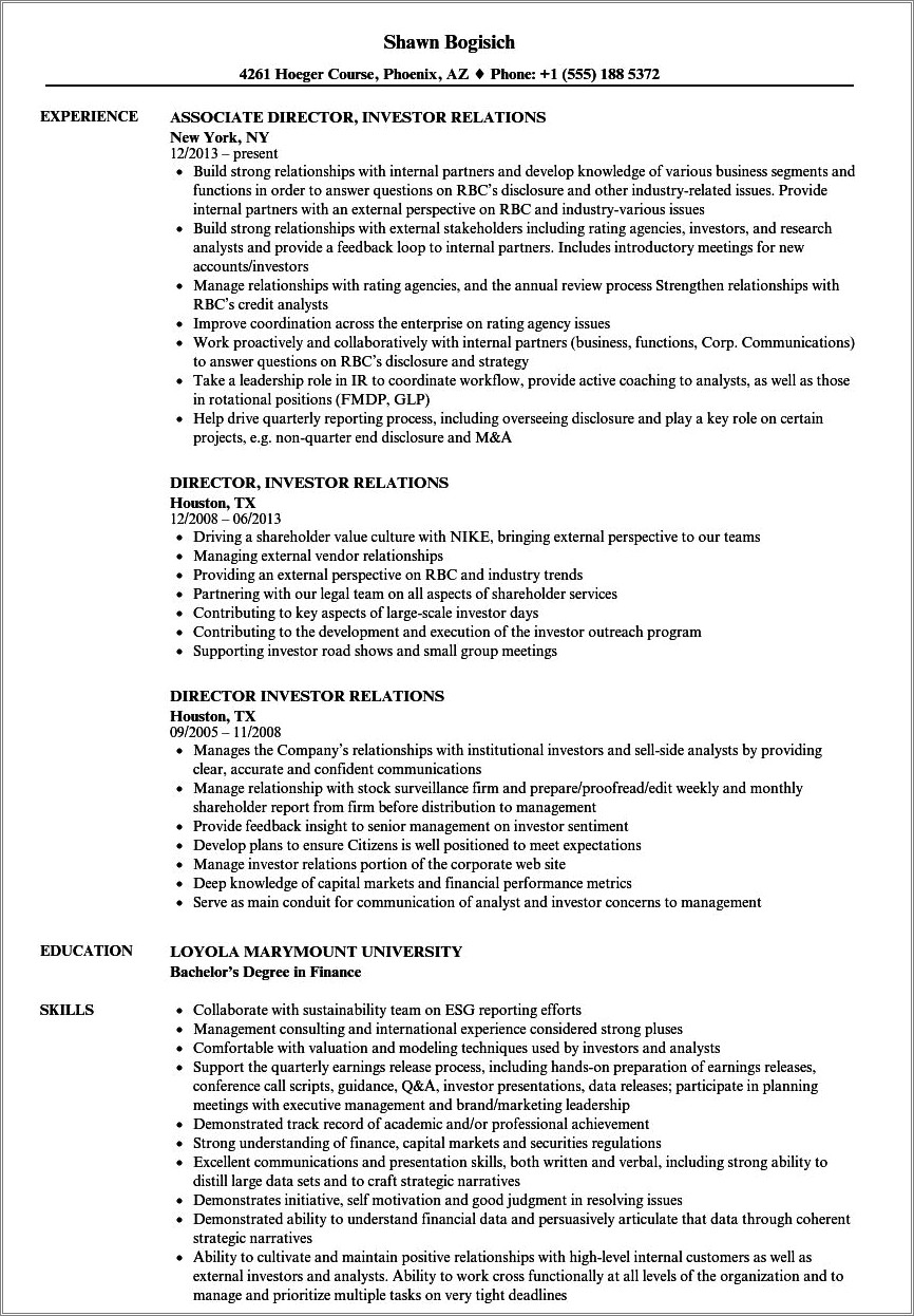 Director Of Investor Relations Resume Sample