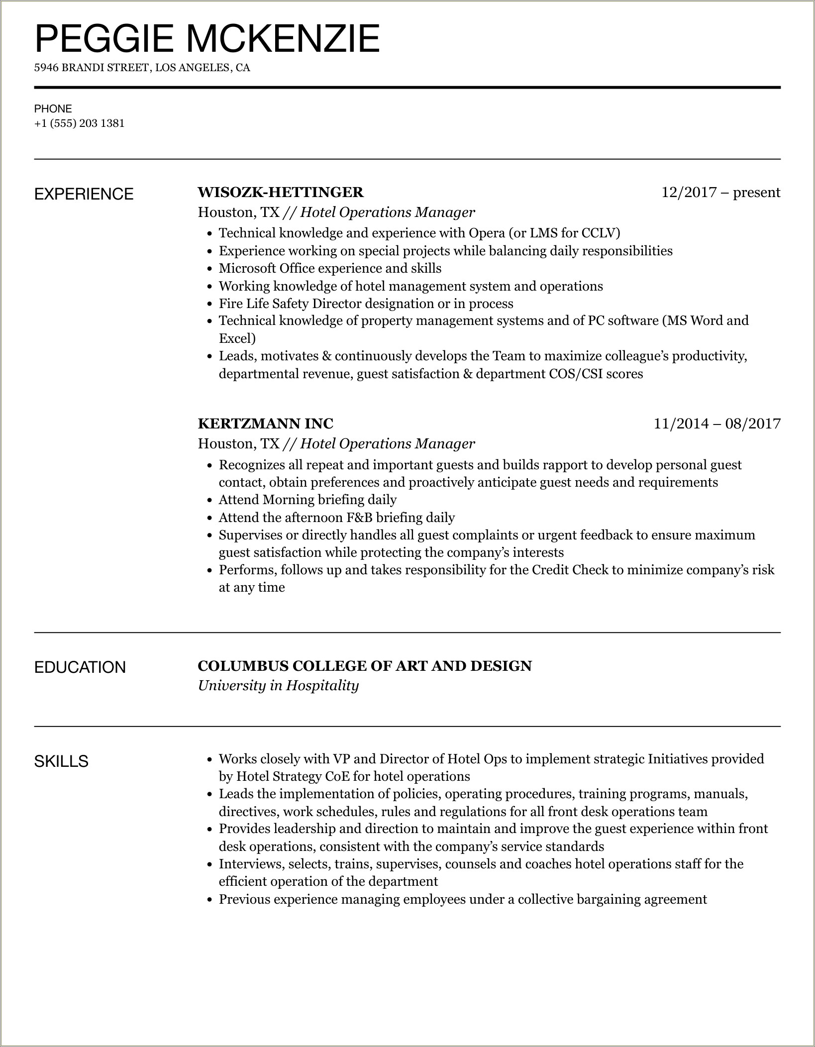 Director Of Operation Hospitality Resume Description