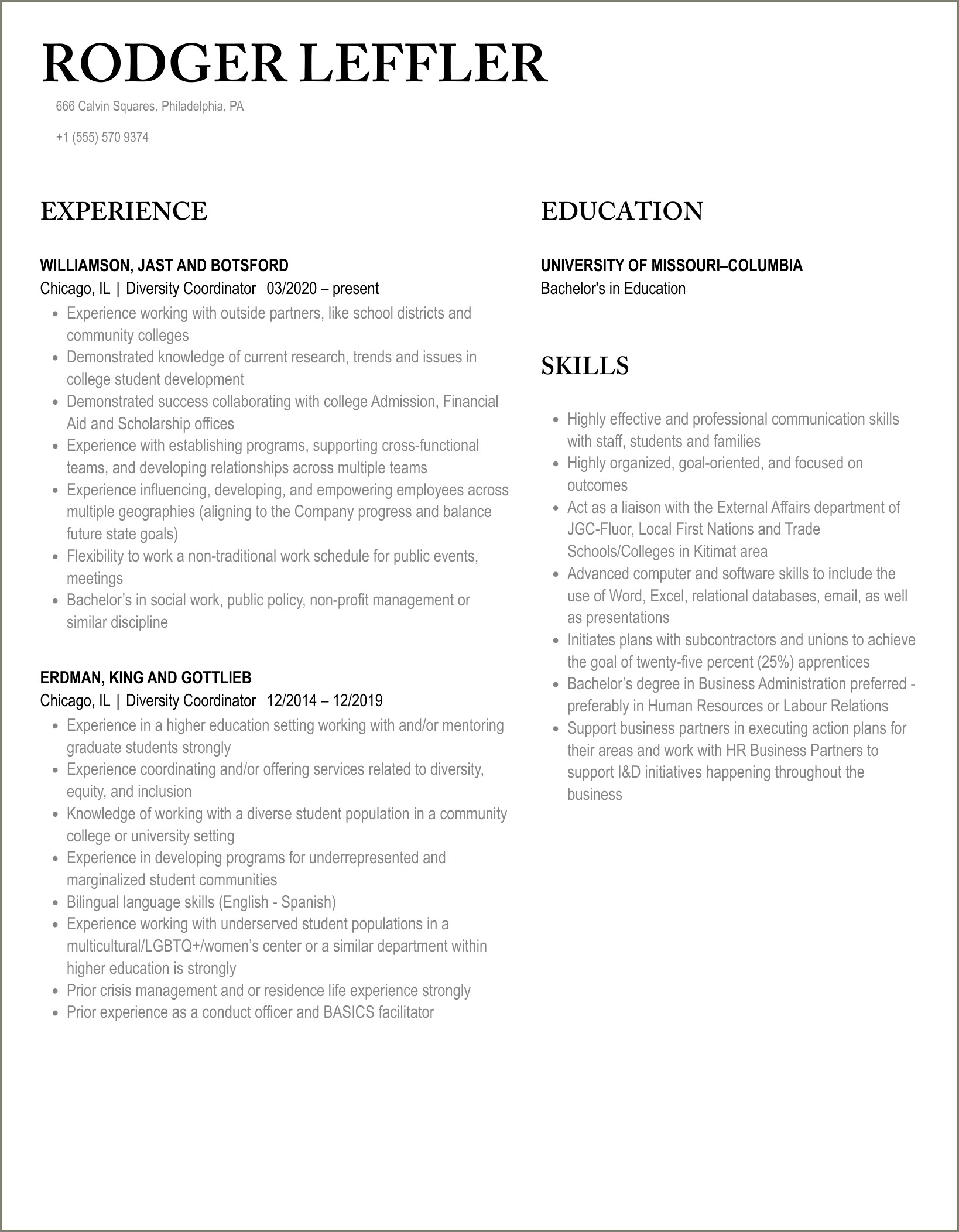 Diversity And Social Justice Experience For Resume