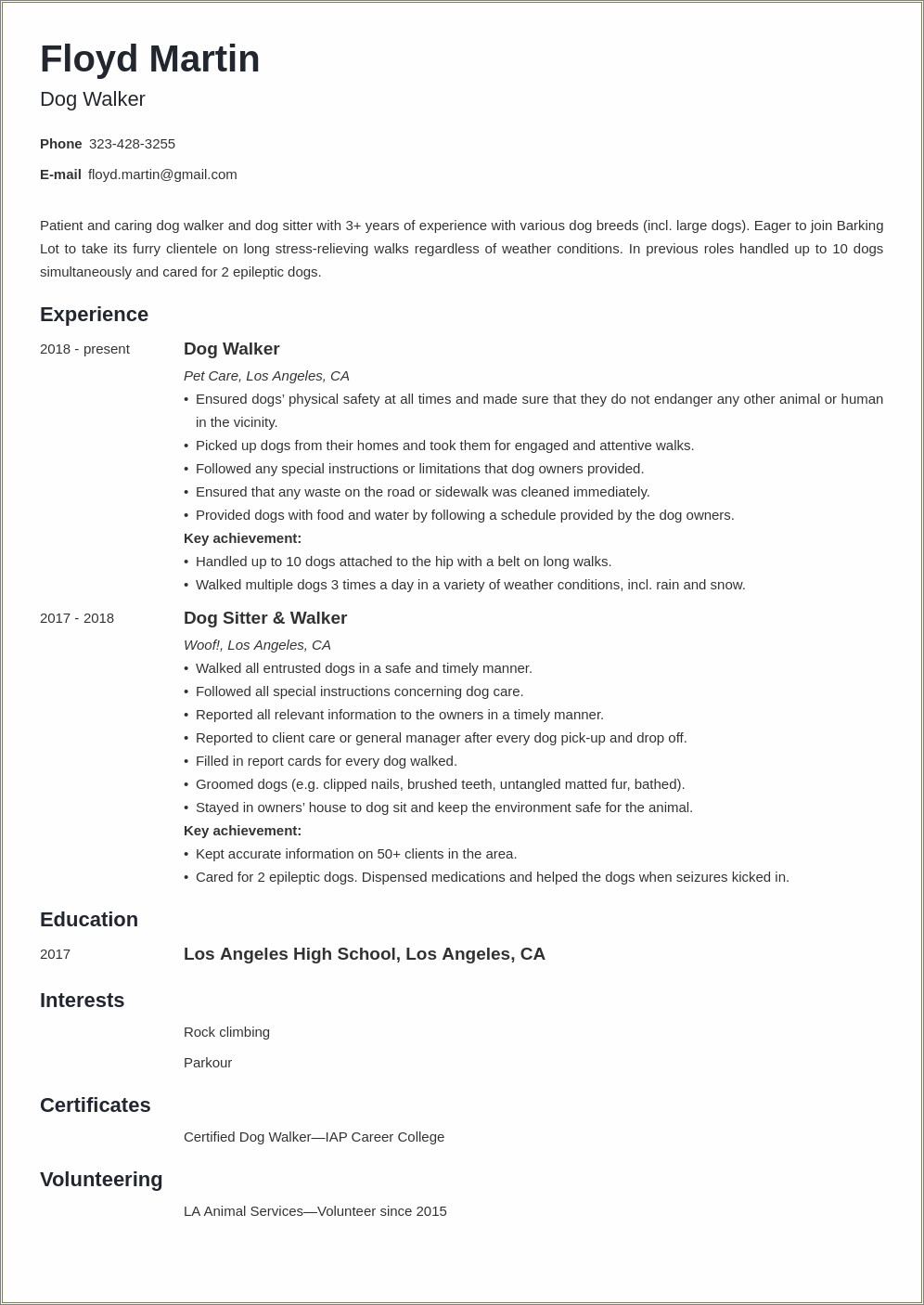 Dog Walker Job Description For Resume