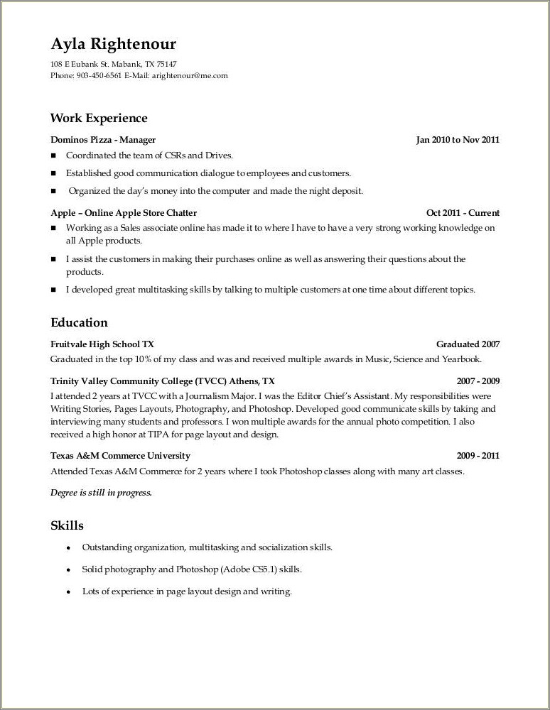 Domino's Pizza Store Manager Resume