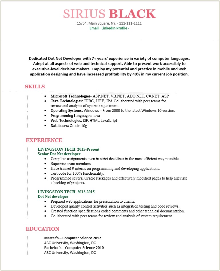 Dot Net Resume 1 Years Experience