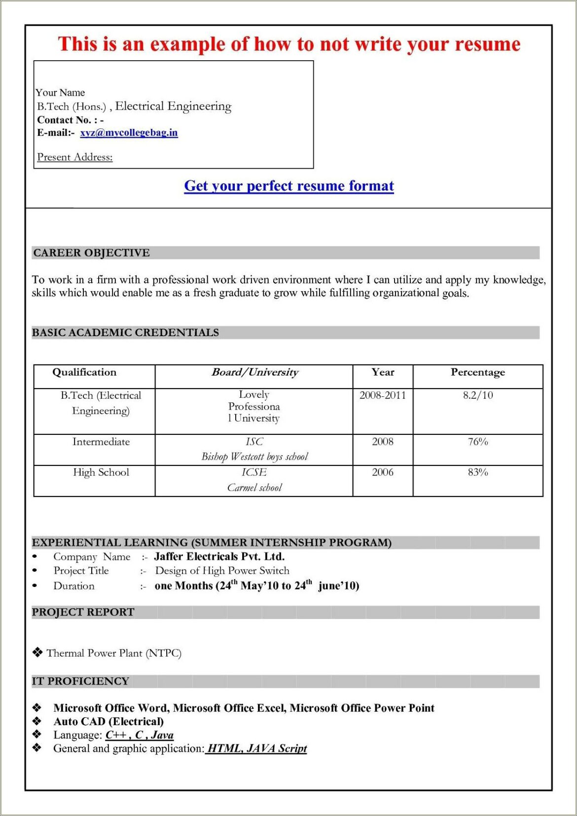 Download Resume Format In Word 2007