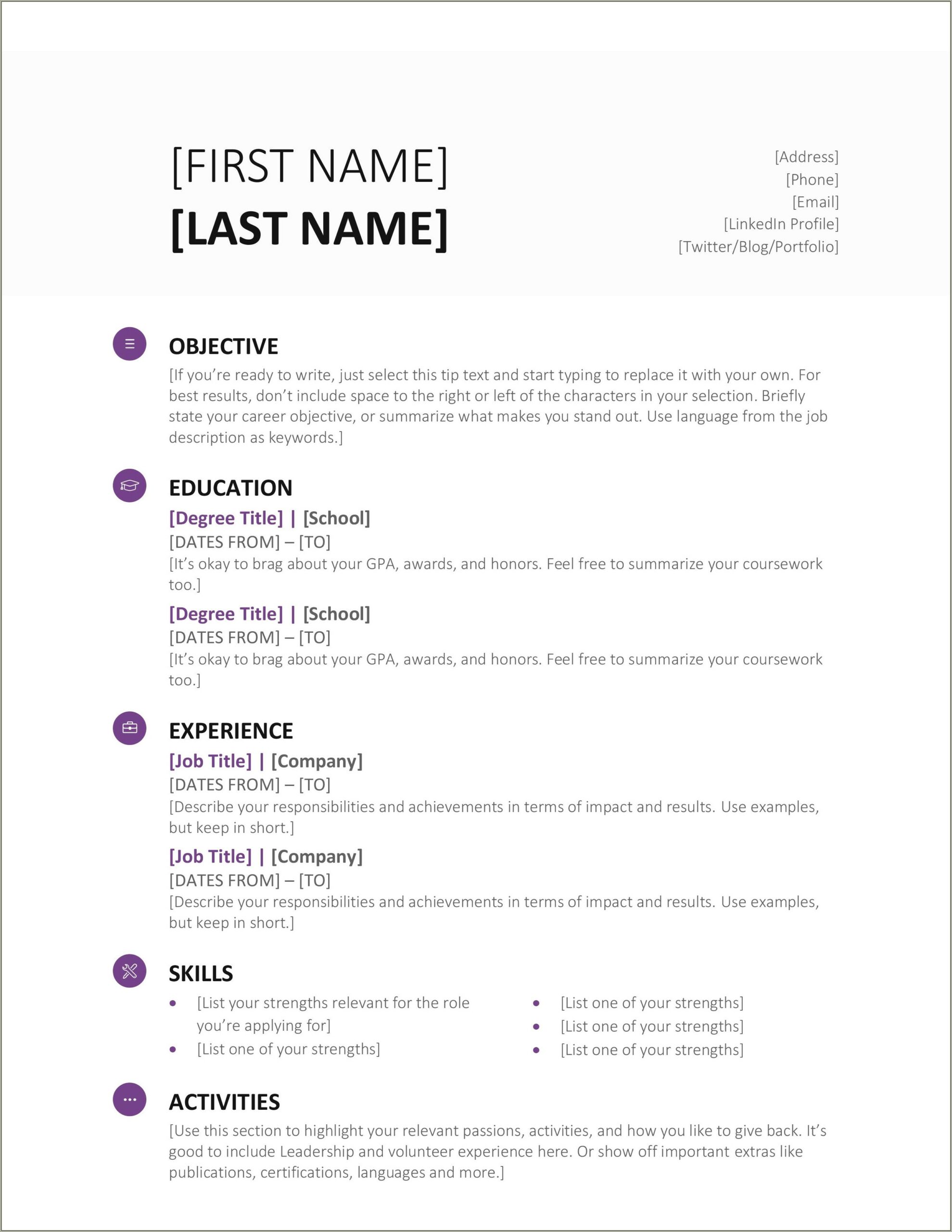 Download Resume Template For Word 2007