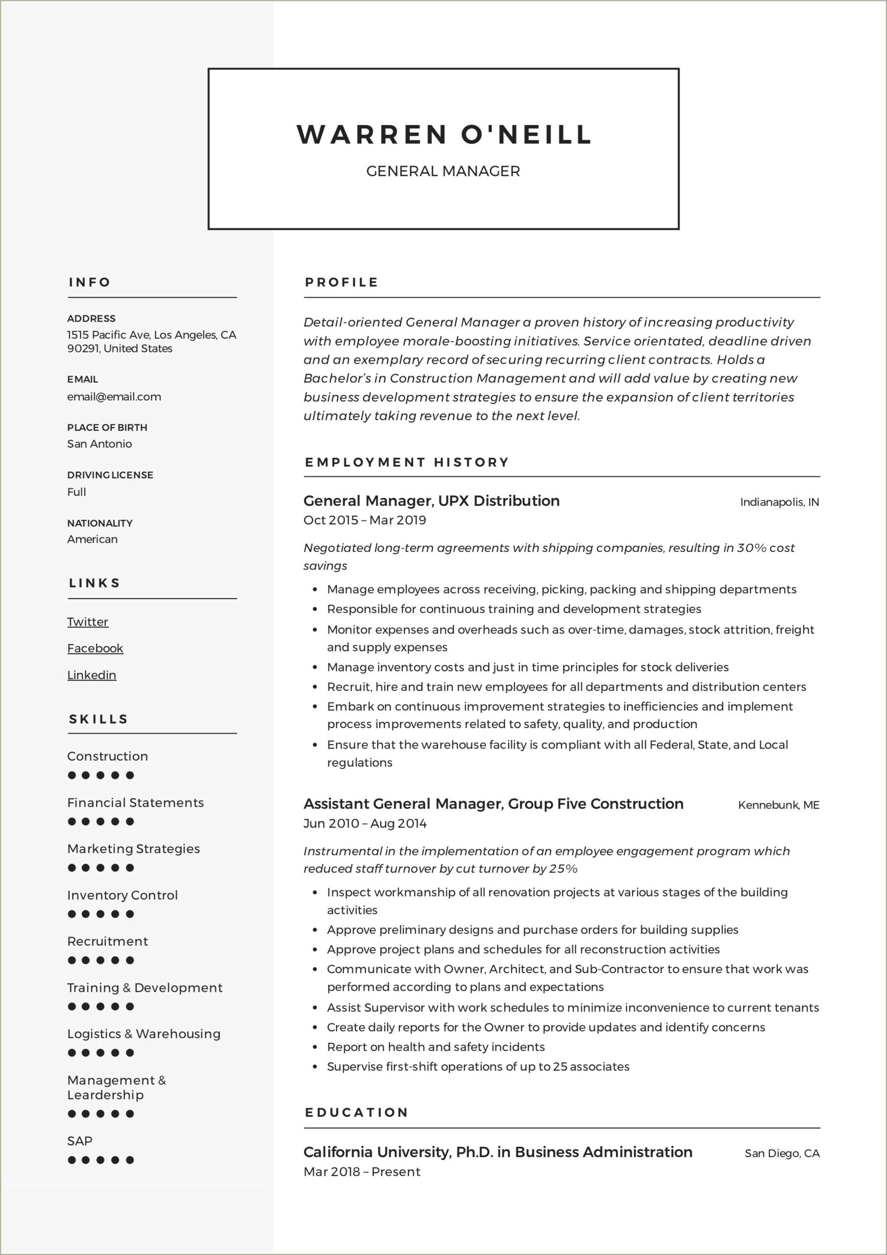 Drafted Employee Handbook For General Manager Resume Skills