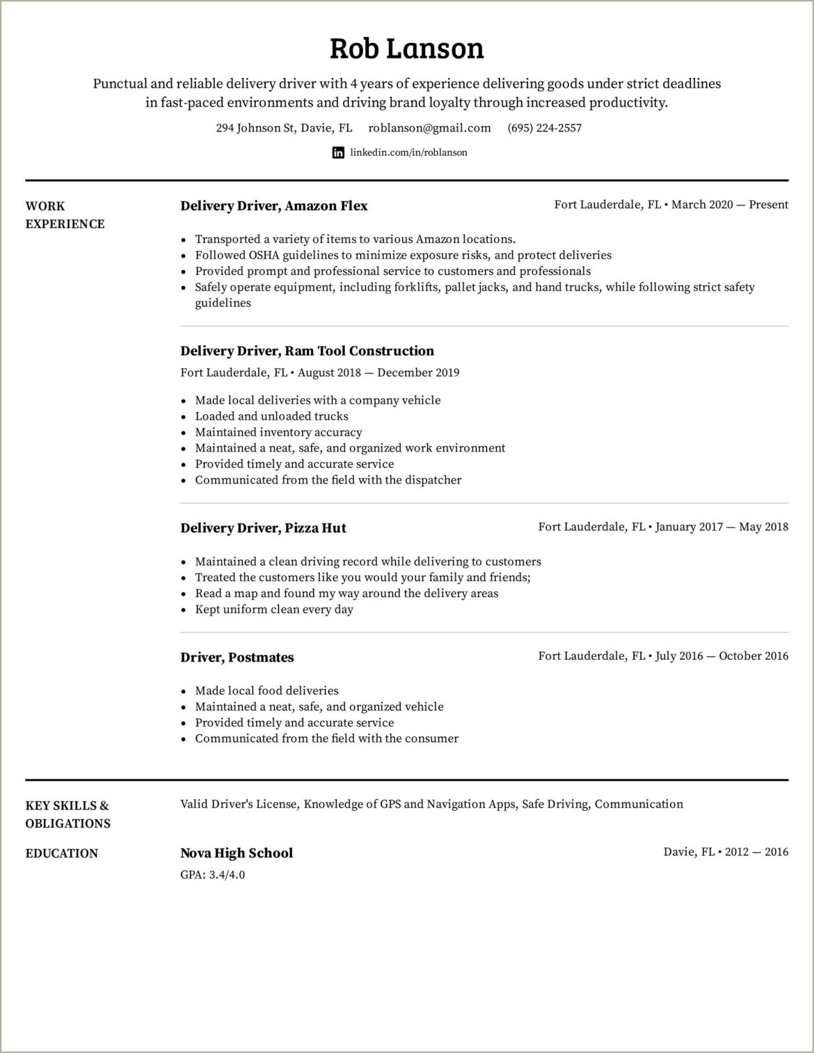 Driver Helper Job Description For Resume